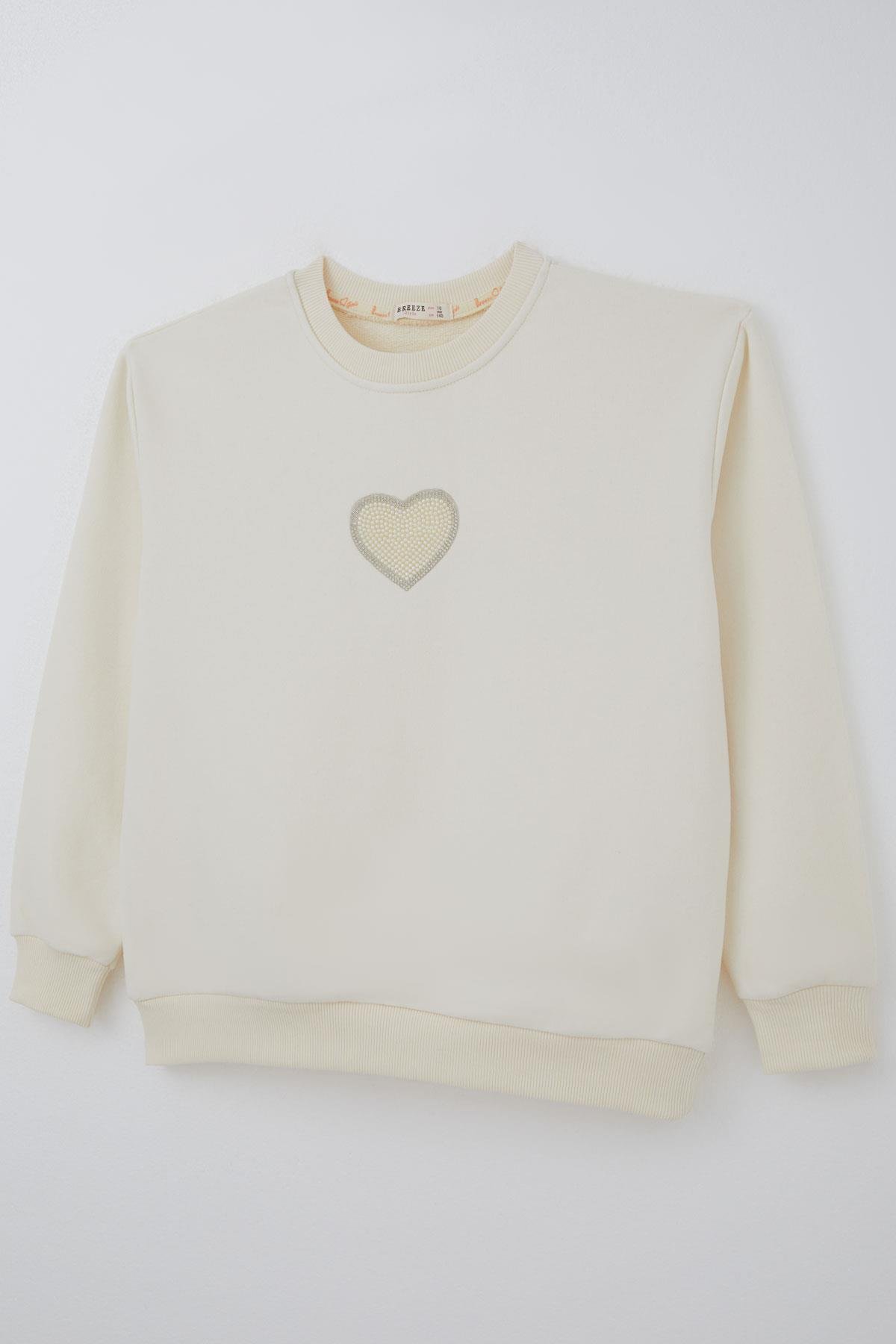 Breeze Kız Çocuk Sweatshirt Işıltılı Kalp Masalı İnci İşlemeli Krem (9-14 Yaş)