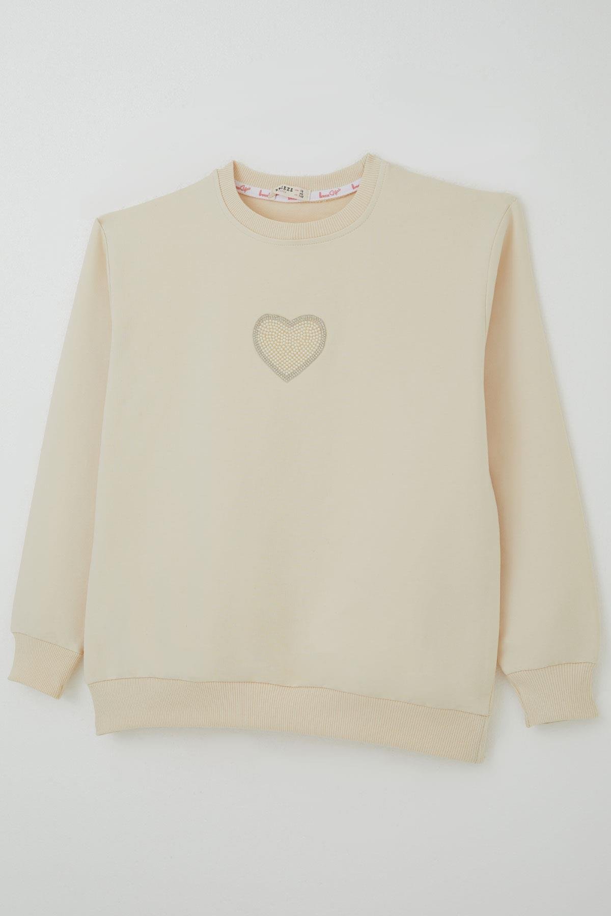 Breeze Kız Çocuk Sweatshirt Işıltılı Kalp Masalı İnci İşlemeli Krem (9-14 Yaş)