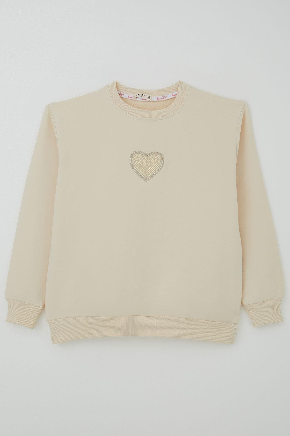 Breeze Kız Çocuk Sweatshirt Işıltılı Kalp Masalı İnci İşlemeli Krem (9-14 Yaş)