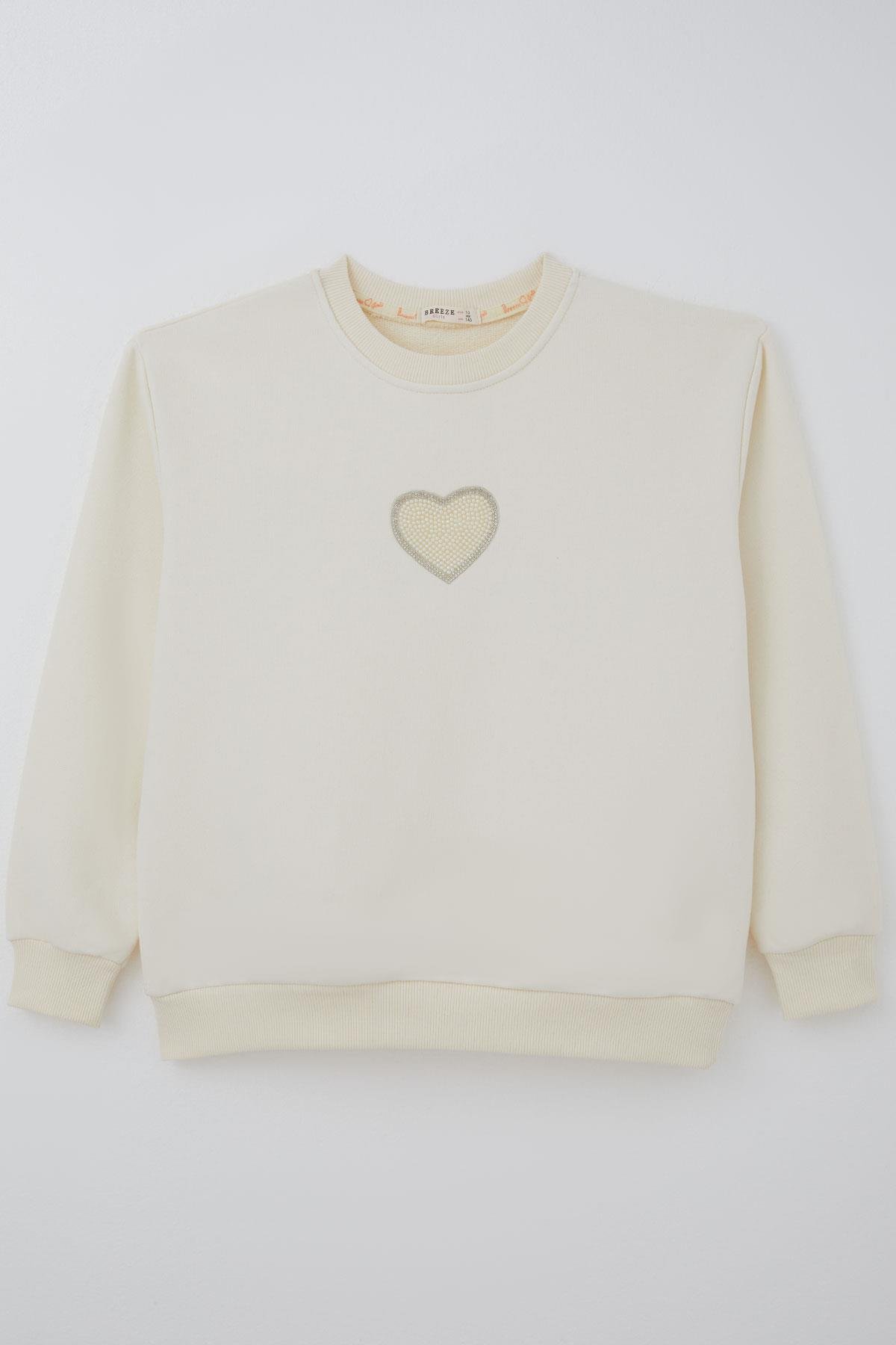 Breeze Kız Çocuk Sweatshirt Işıltılı Kalp Masalı İnci İşlemeli Krem (9-14 Yaş)