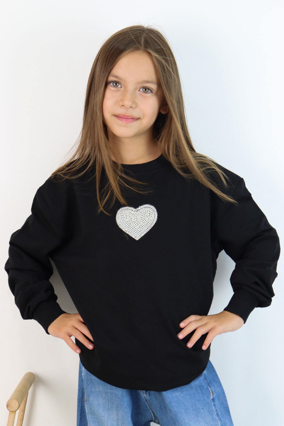Breeze Kız Çocuk Sweatshirt Işıltılı Kalp Masalı İnci İşlemeli Siyah (9-14 Yaş)
