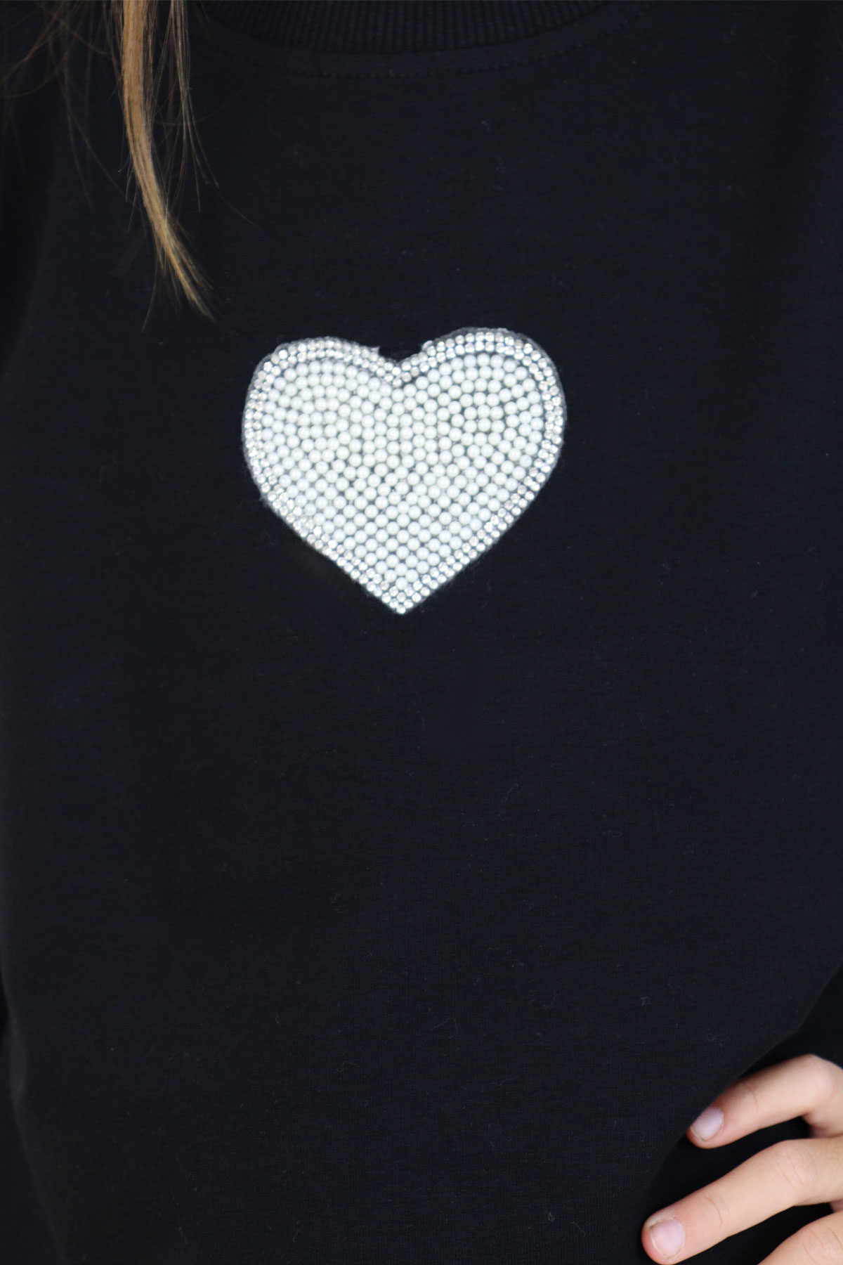Breeze Kız Çocuk Sweatshirt Işıltılı Kalp Masalı İnci İşlemeli Siyah (9-14 Yaş)