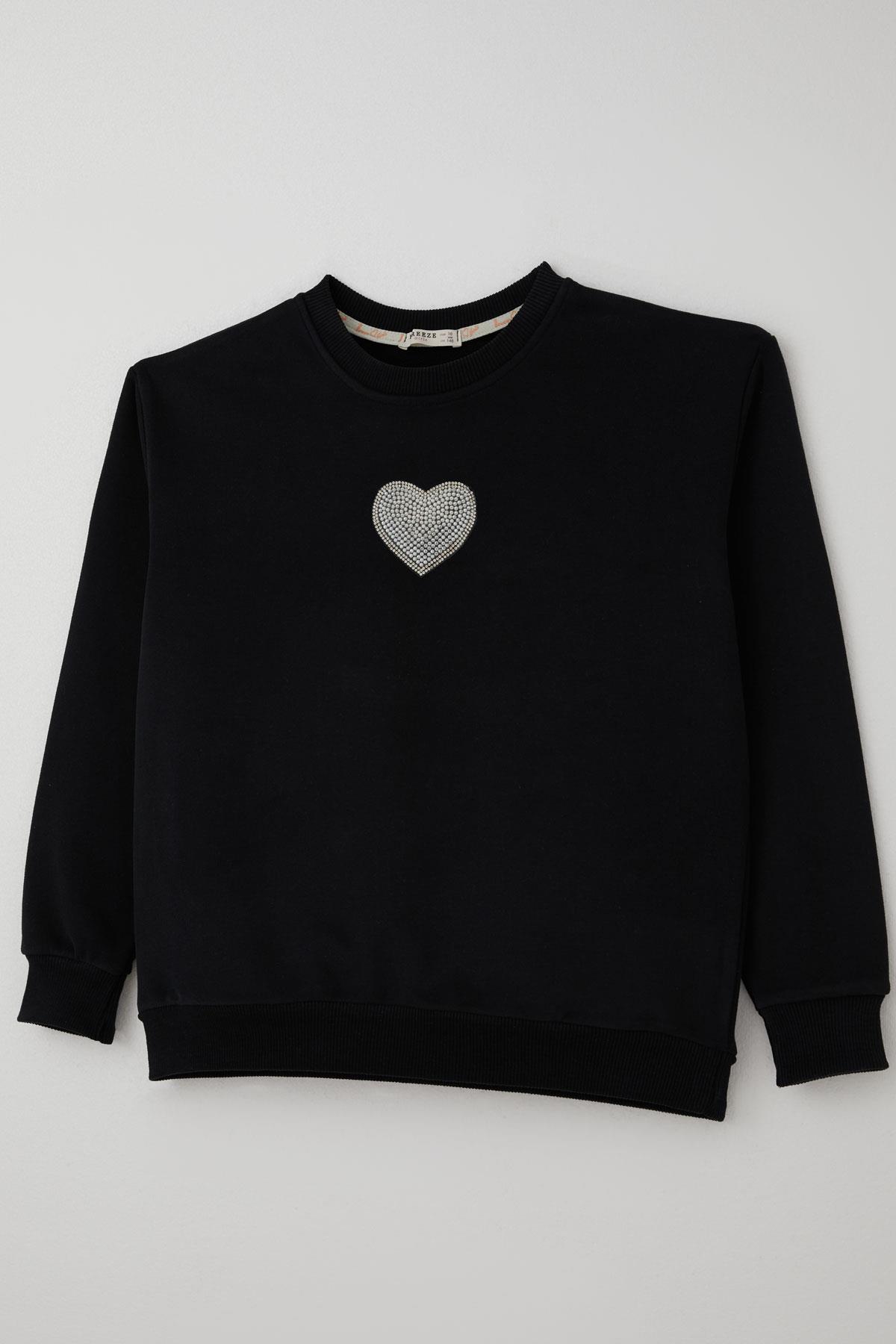 Breeze Kız Çocuk Sweatshirt Işıltılı Kalp Masalı İnci İşlemeli Siyah (9-14 Yaş)