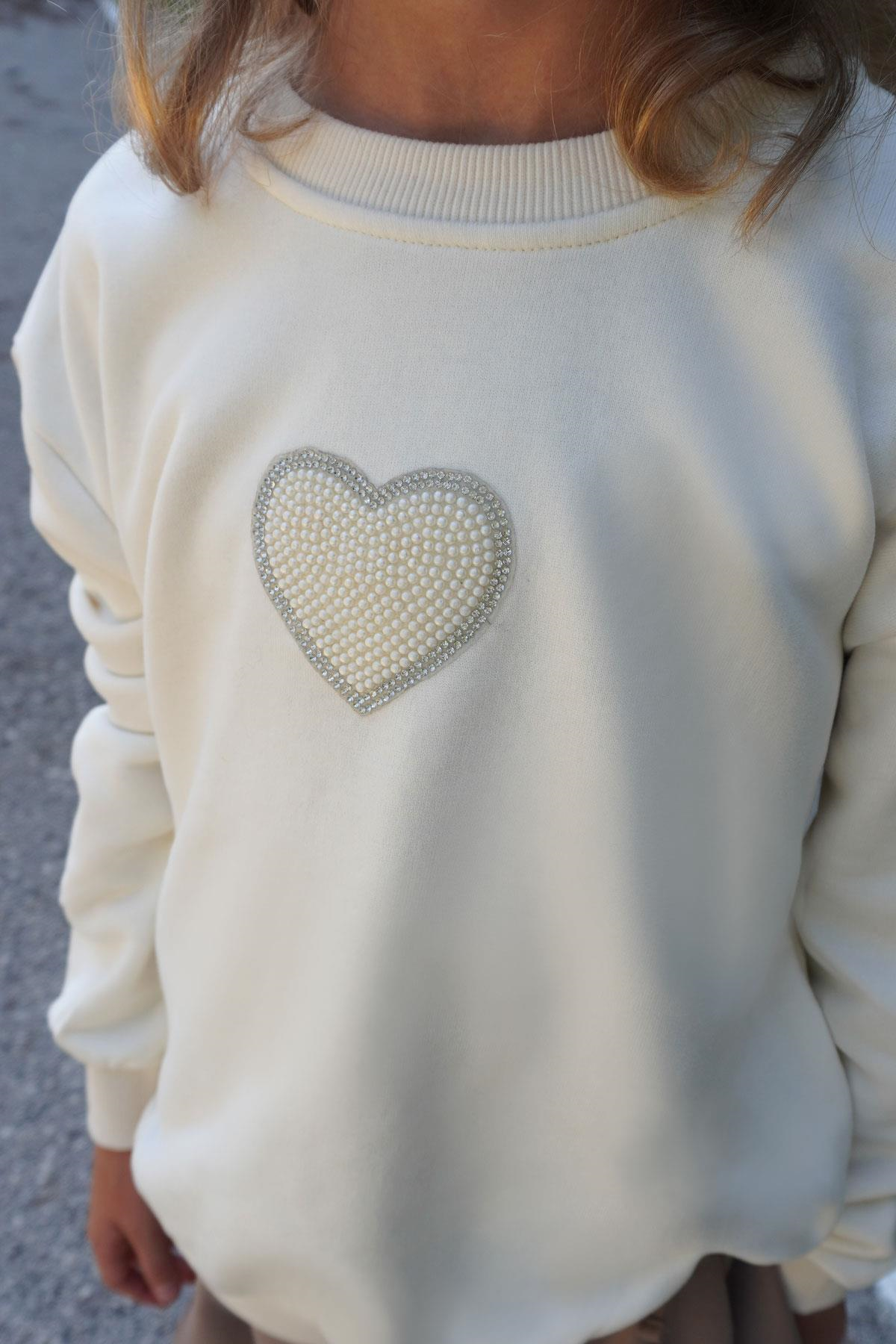 Breeze Kız Çocuk Sweatshirt Işıltılı Kalp Masalı İnci İşlemeli Krem (9-14 Yaş)