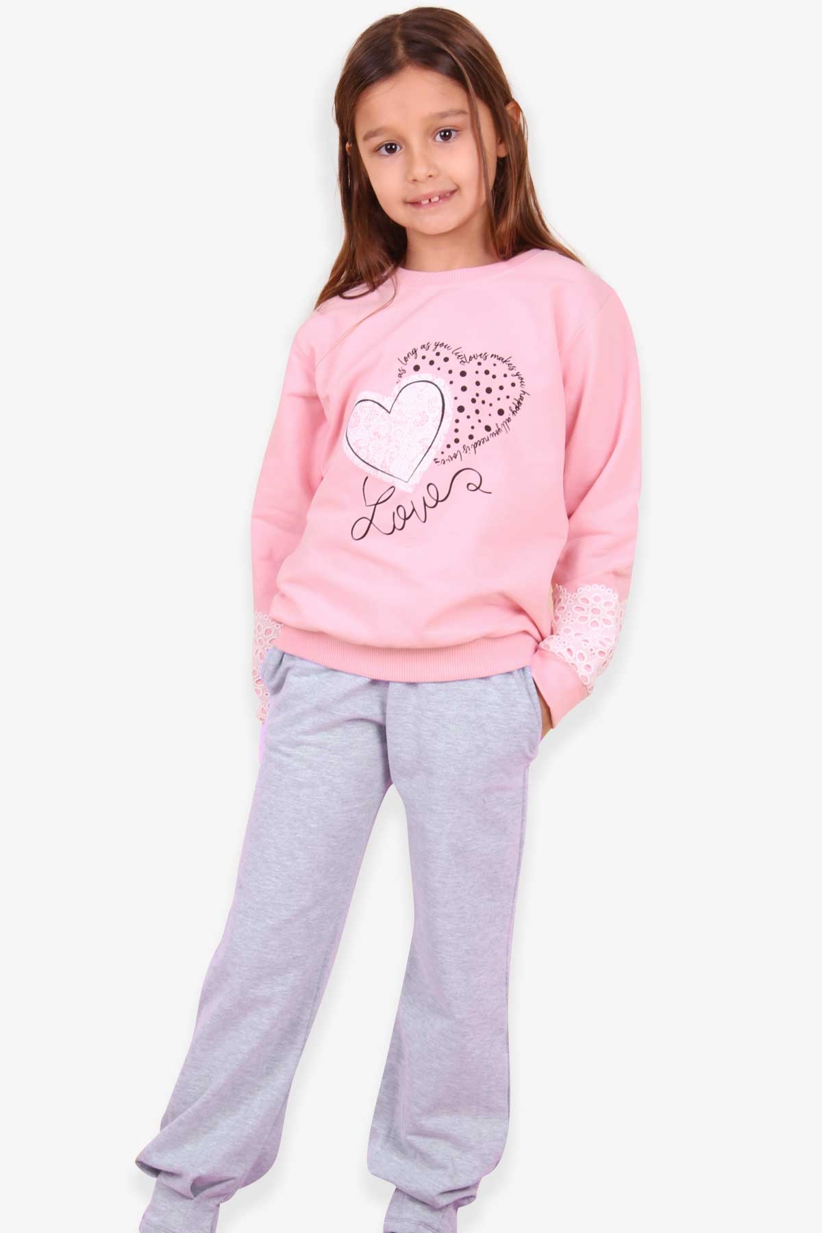 Breeze Kız Çocuk Sweatshirt Kalp Baskılı Pudra (4-9 Yaş)