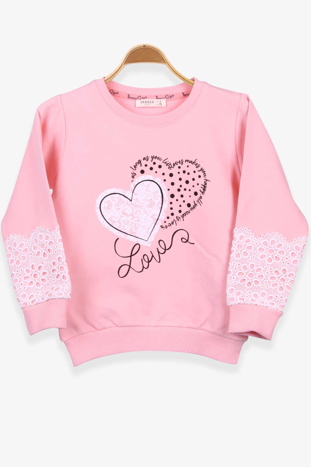 Breeze Kız Çocuk Sweatshirt Kalp Baskılı Pudra (4-9 Yaş)