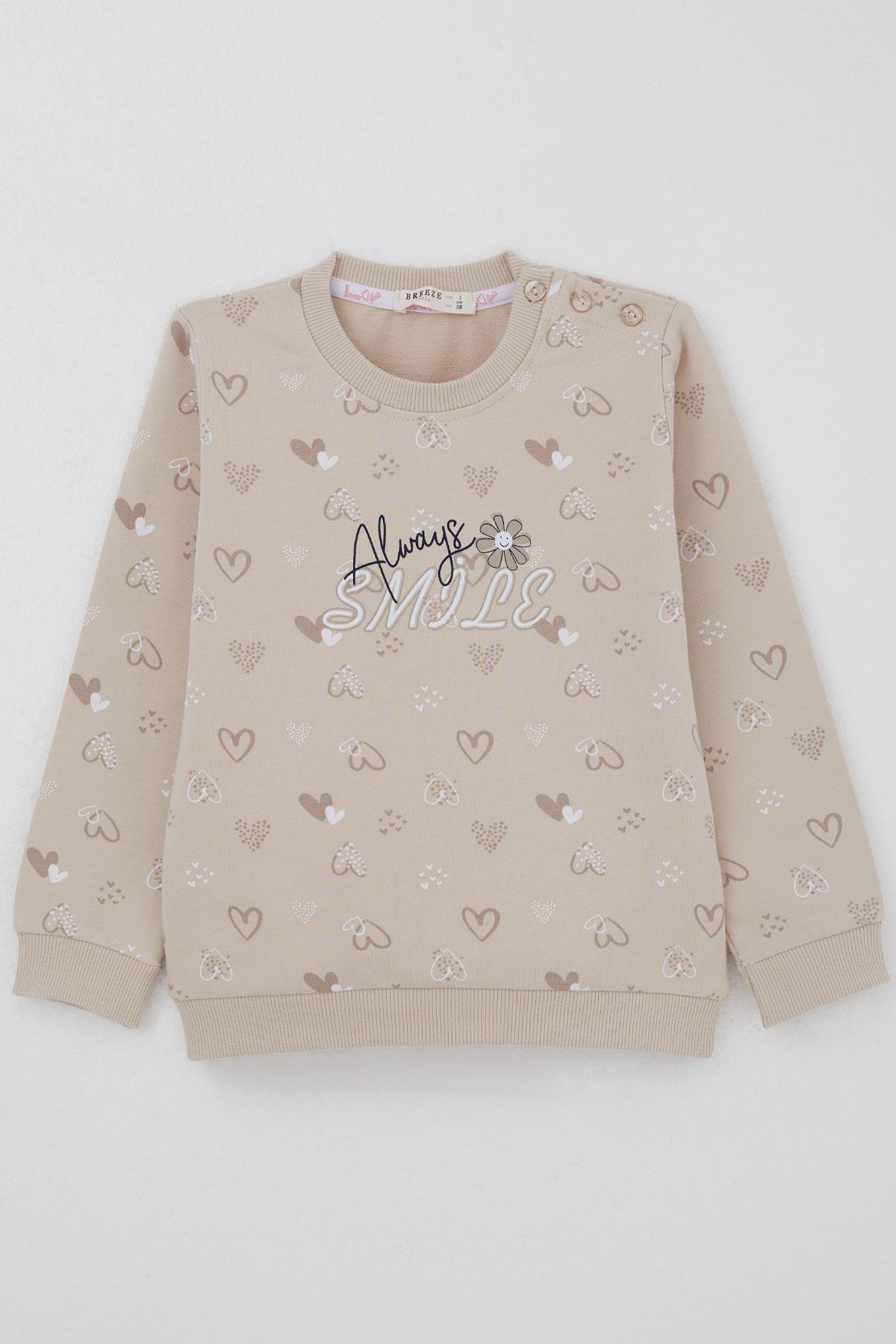 Breeze Kız Çocuk Sweatshirt Kalp Desenli Yazı Baskılı Bej (1.5-5 Yaş)