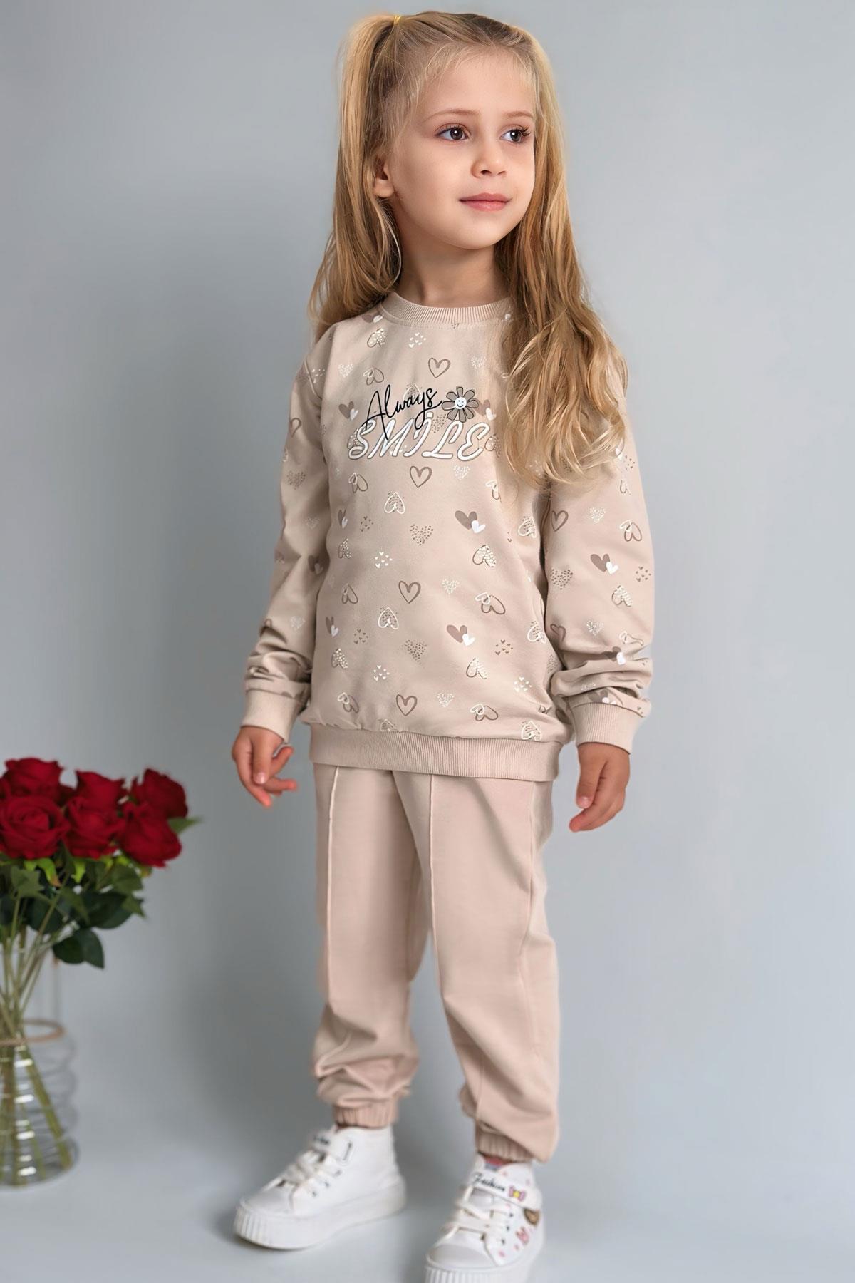 Breeze Kız Çocuk Sweatshirt Kalp Desenli Yazı Baskılı Bej (1.5-5 Yaş)