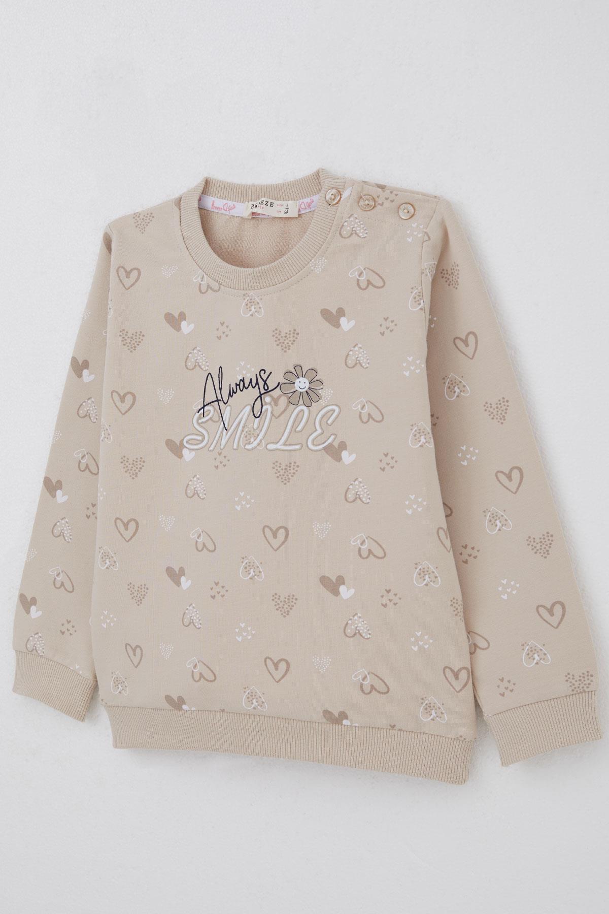 Breeze Kız Çocuk Sweatshirt Kalp Desenli Yazı Baskılı Bej (1.5-5 Yaş)