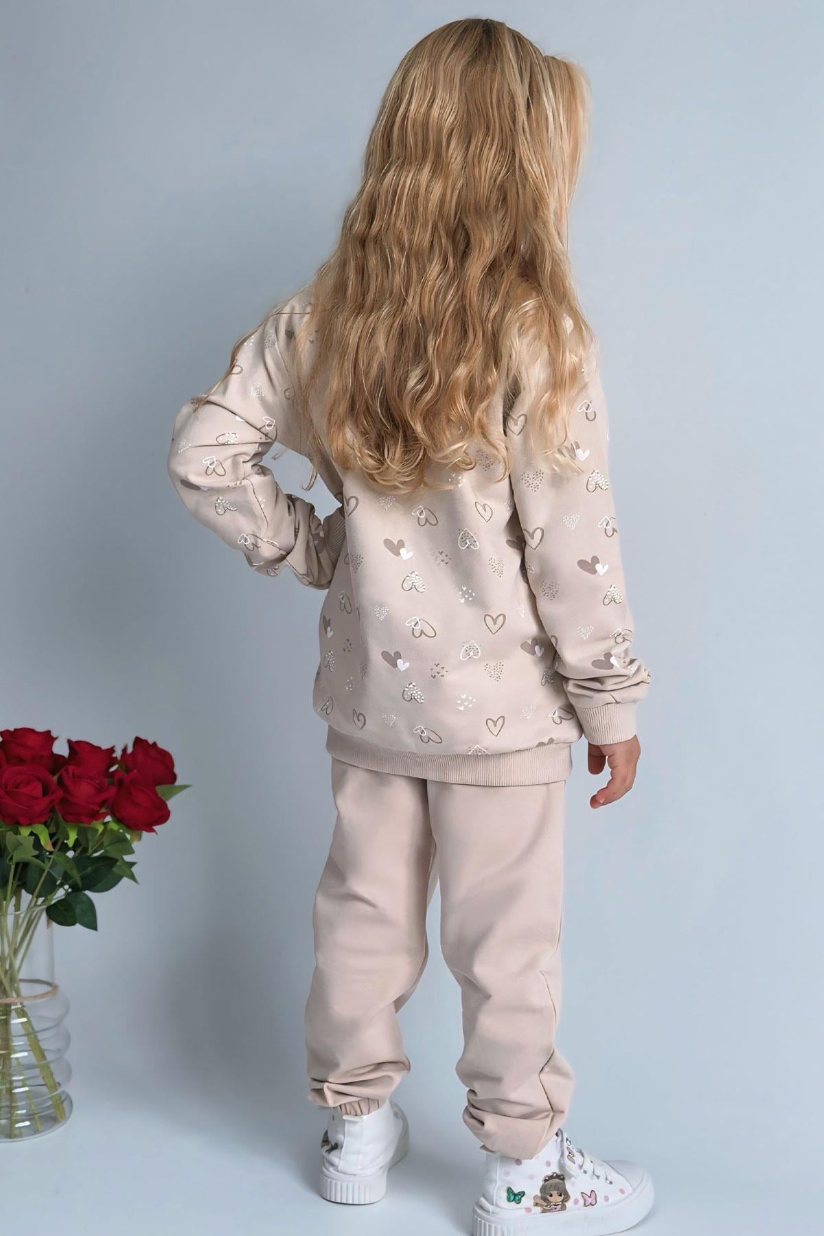 Breeze Kız Çocuk Sweatshirt Kalp Desenli Yazı Baskılı Bej (1.5-5 Yaş)