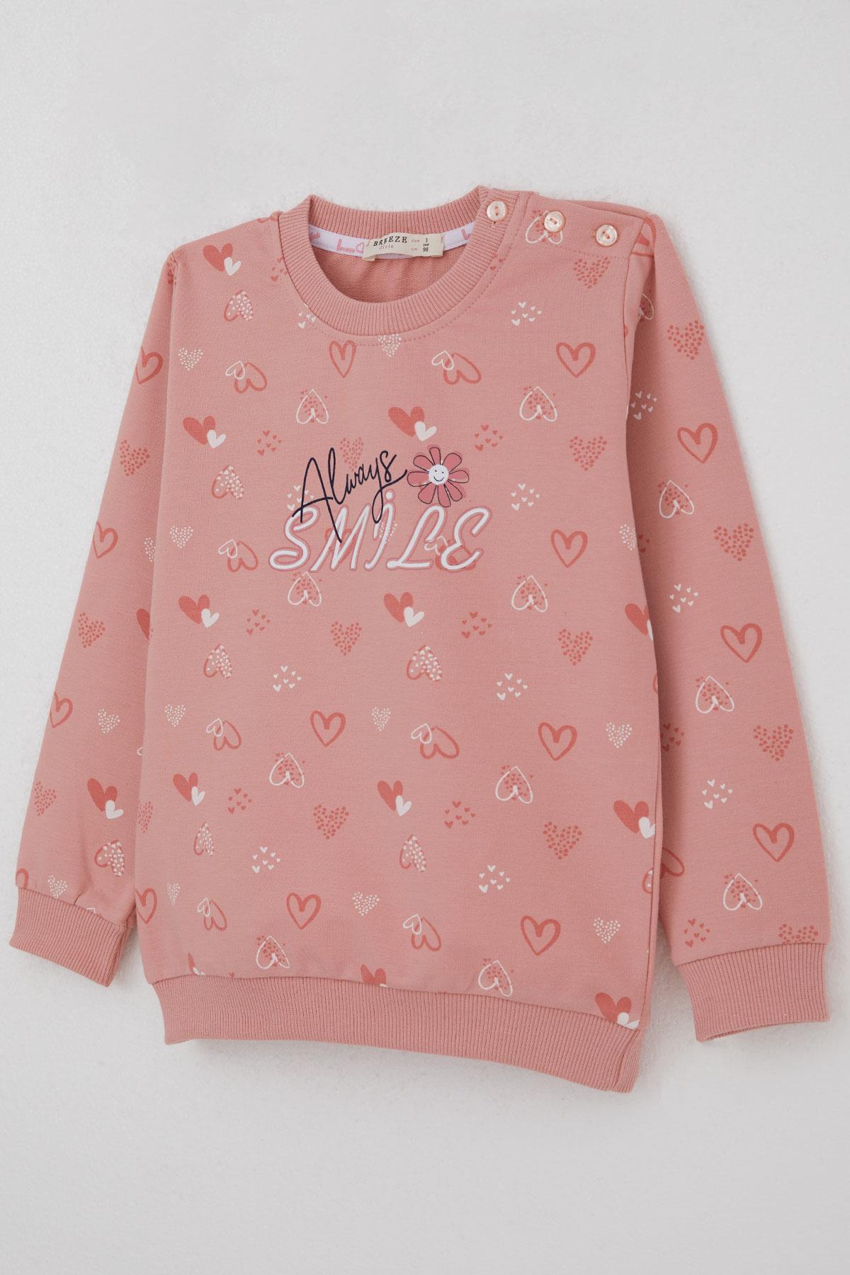 Breeze Kız Çocuk Sweatshirt Kalp Desenli Yazı Baskılı Gülkurusu (1.5-5 Yaş)