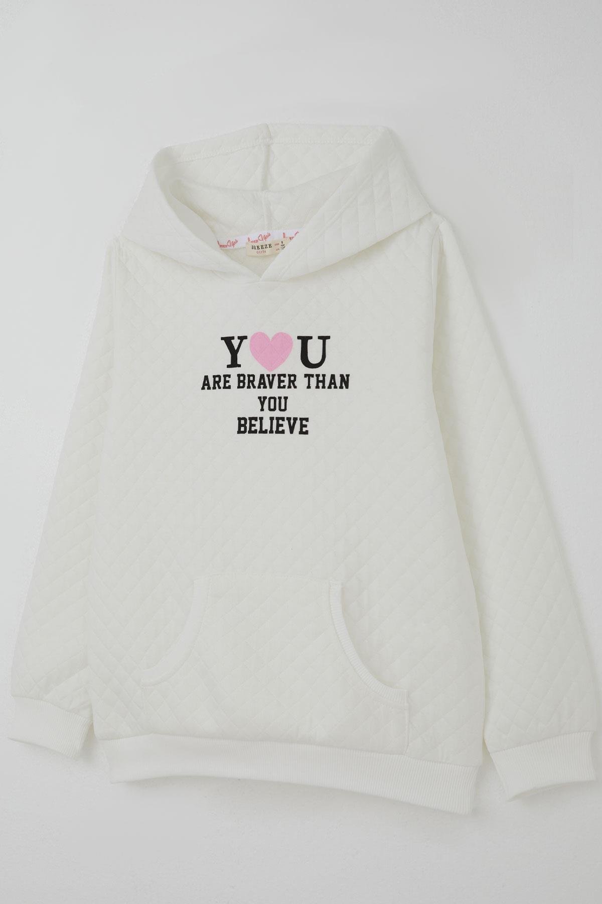 Breeze Kız Çocuk Sweatshirt Kapitone Desenli Kanguru Cepli Ekru (8-14 Yaş)