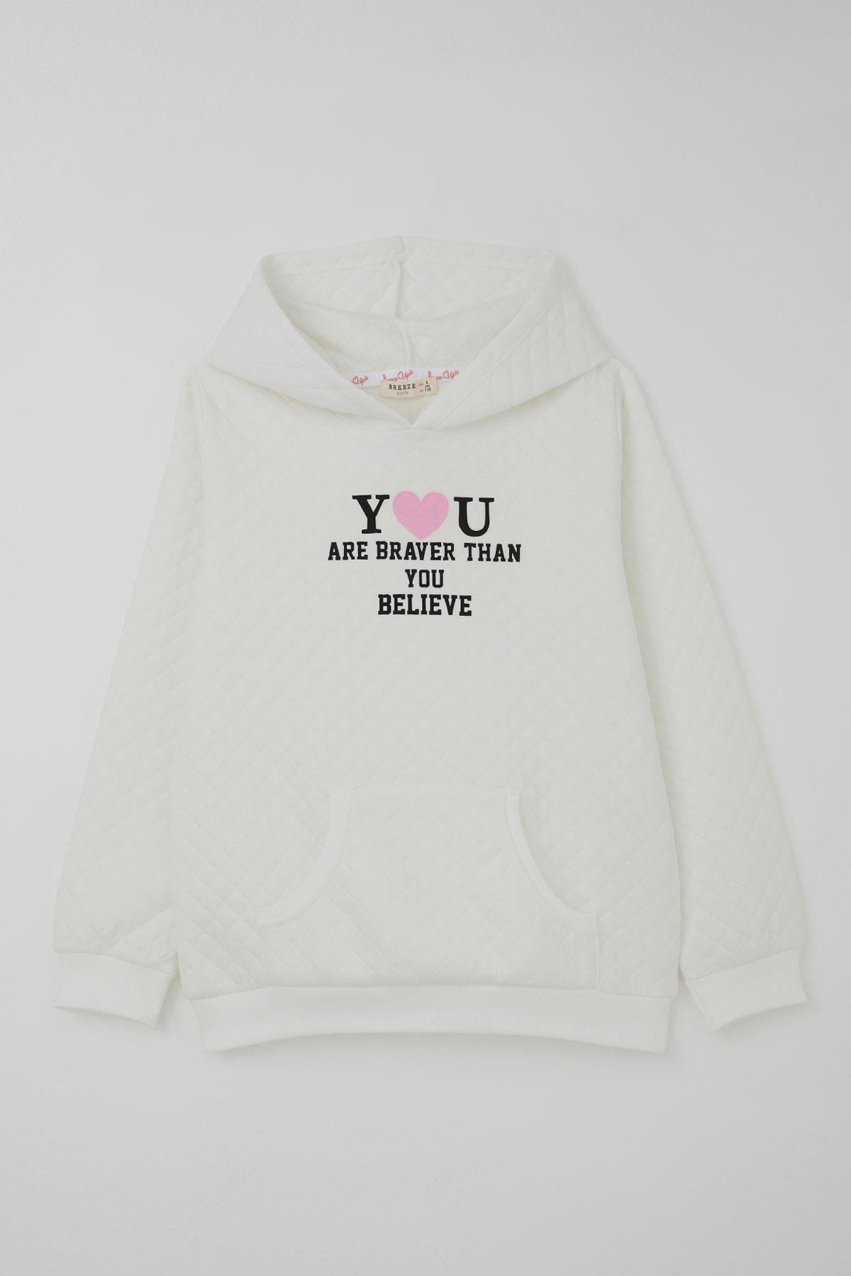 Breeze Kız Çocuk Sweatshirt Kapitone Desenli Kanguru Cepli Ekru (8-14 Yaş)