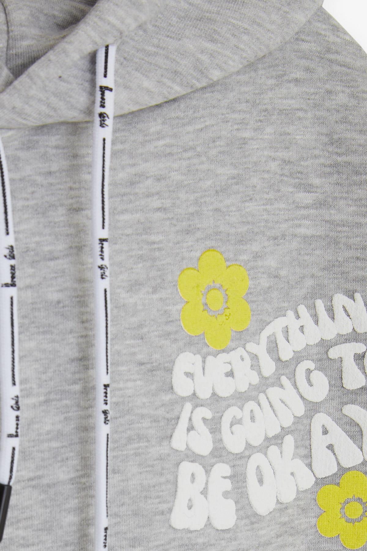 Breeze Kız Çocuk Sweatshirt Kapüşonlu Yazı Baskılı Gri Melanj (8-14 Yaş)