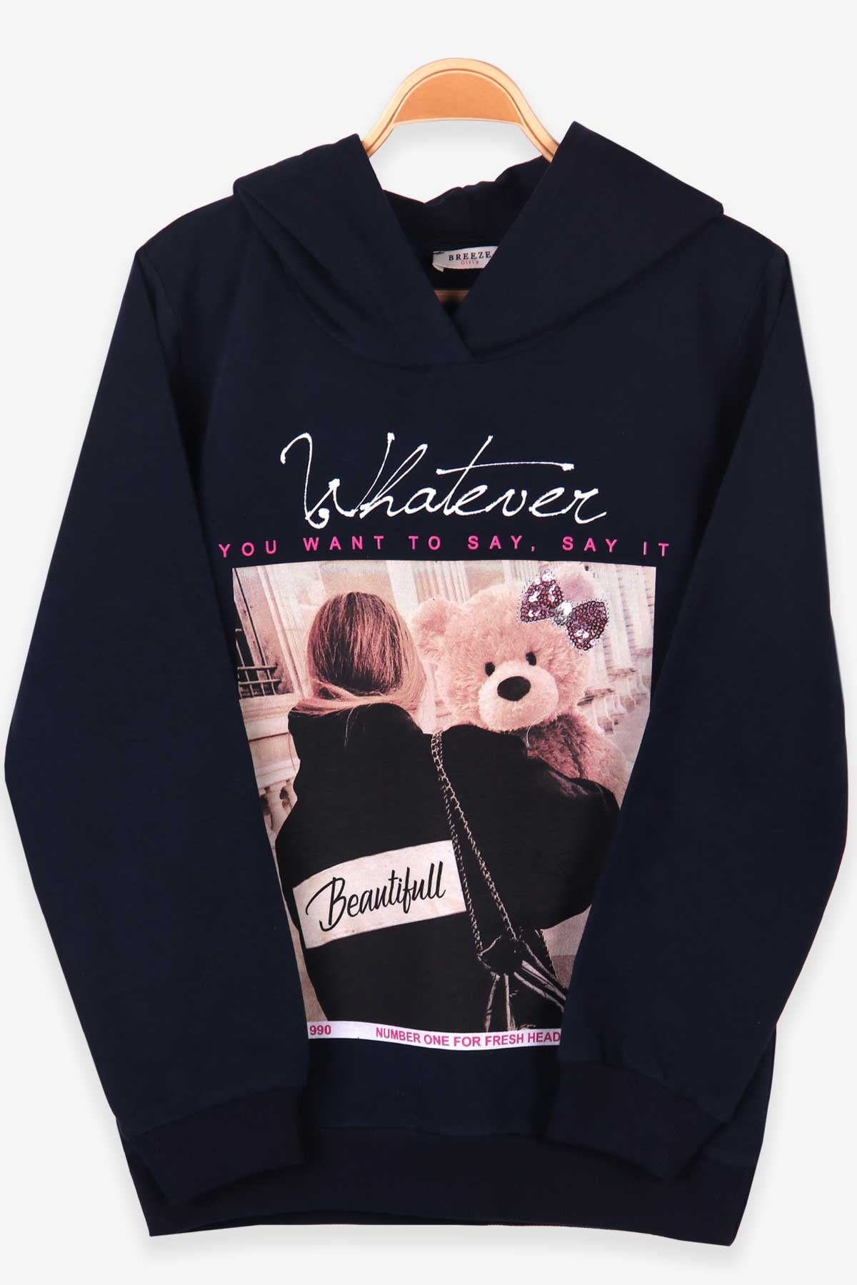 Breeze Kız Çocuk Sweatshirt Kapüşonlu Baskılı Lacivert (9-14 Yaş)