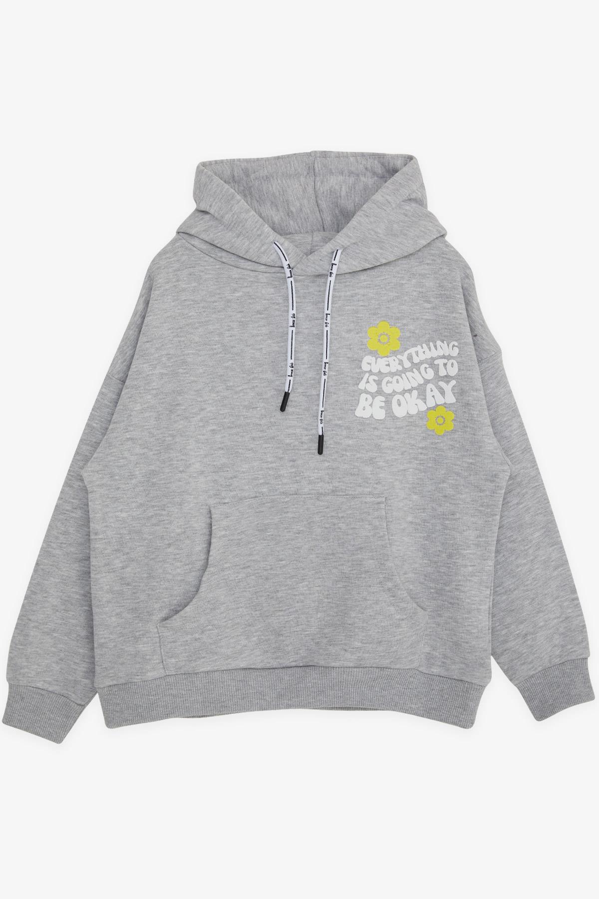 Breeze Kız Çocuk Sweatshirt Kapüşonlu Yazı Baskılı Gri Melanj (8-14 Yaş)