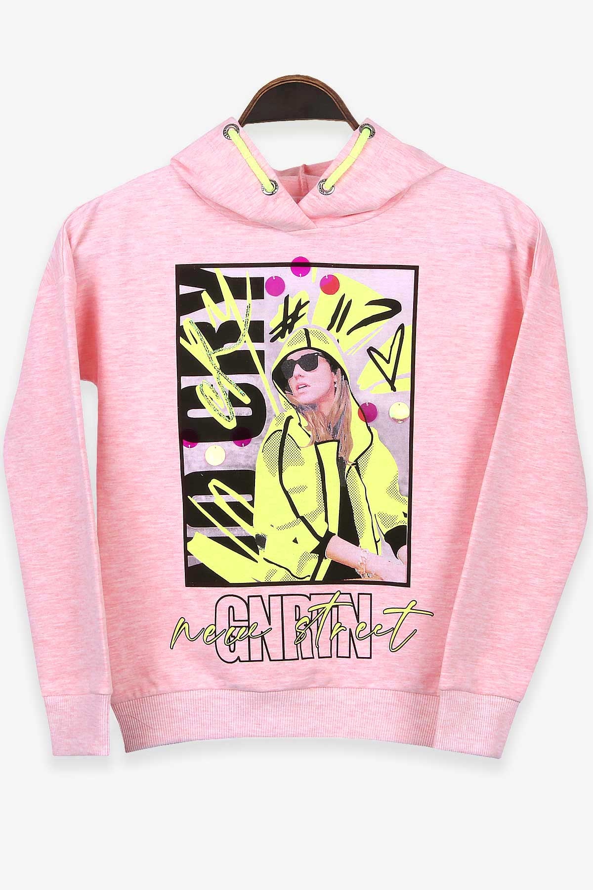 Breeze Kız Çocuk Sweatshirt Kapüşonlu Baskılı Somon Melanj (9-14 Yaş)