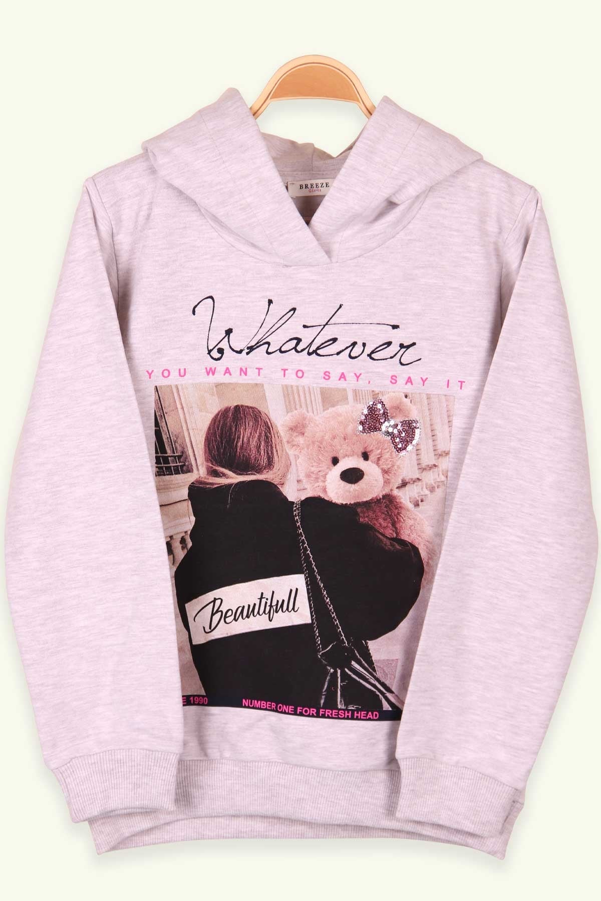 Breeze Kız Çocuk Sweatshirt Kapüşonlu Baskılı Bej (9-14 Yaş)