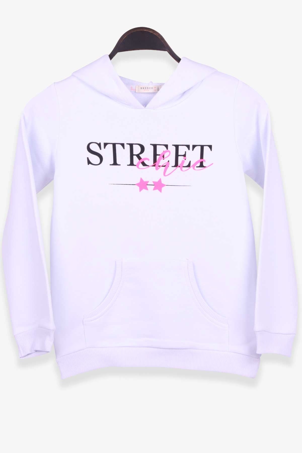 Breeze Kız Çocuk Sweatshirt Kapüşonlu Yazı Baskılı Beyaz (8-14 Yaş)