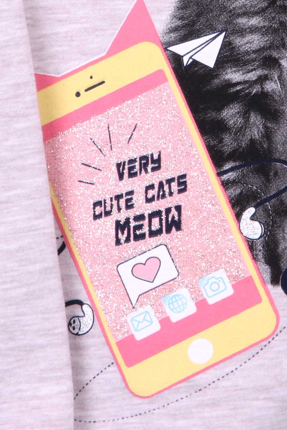 Breeze Kız Çocuk Sweatshirt Kedi Baskılı Bej Melanj (3-7 Yaş)