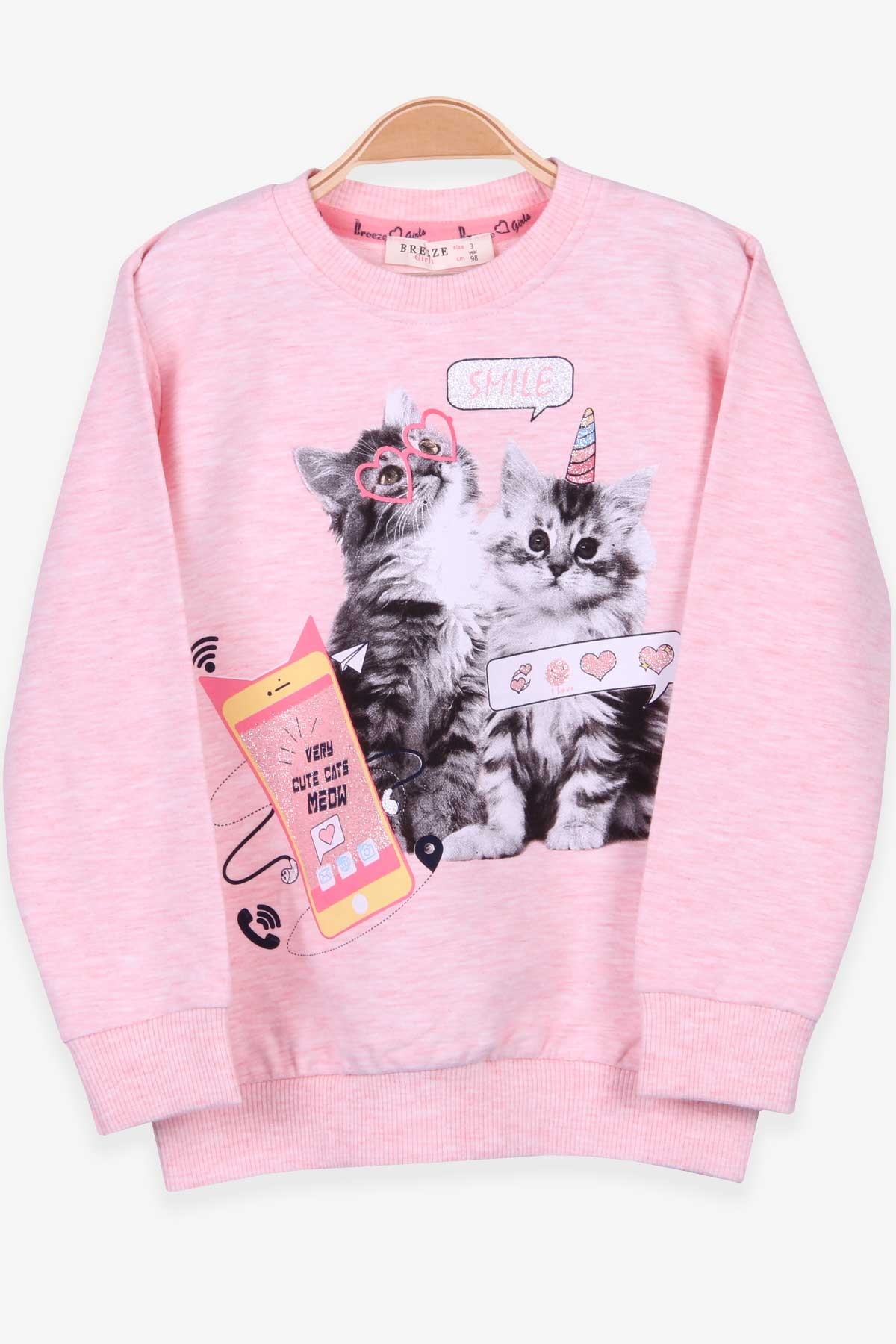 Breeze Kız Çocuk Sweatshirt Kedi Baskılı Somon Melanj (3-7 Yaş)