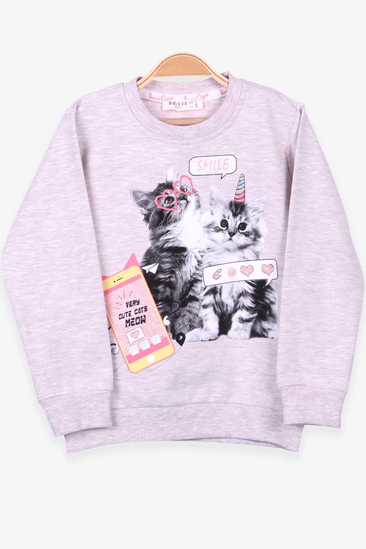 Breeze Kız Çocuk Sweatshirt Kedi Baskılı Bej Melanj (3-7 Yaş)