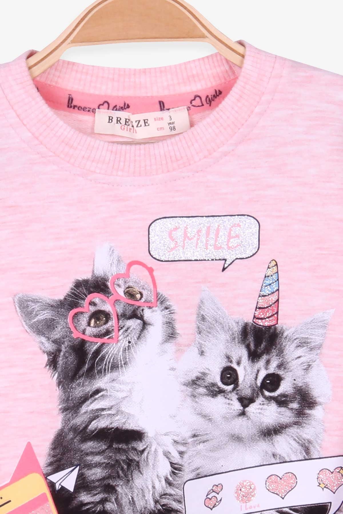Breeze Kız Çocuk Sweatshirt Kedi Baskılı Somon Melanj (3-7 Yaş)