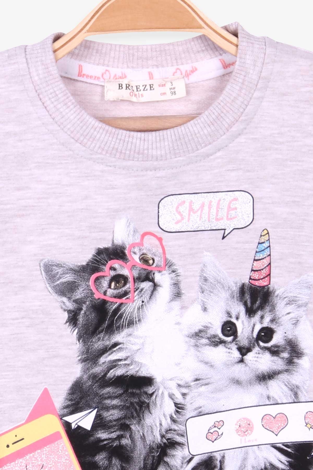 Breeze Kız Çocuk Sweatshirt Kedi Baskılı Bej Melanj (3-7 Yaş)