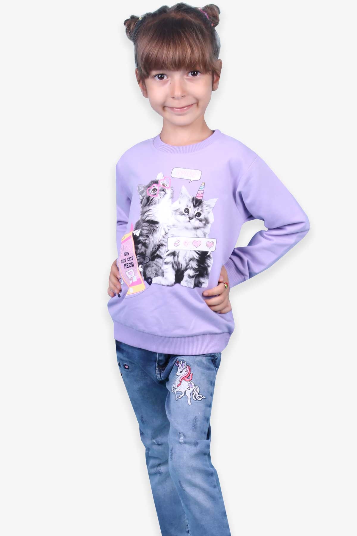 Breeze Kız Çocuk Sweatshirt Kedi Baskılı Lila (3-5 Yaş)