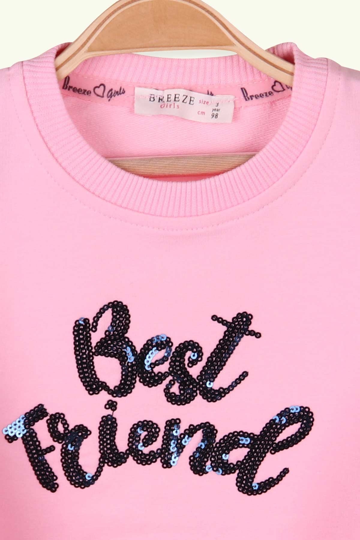 Breeze Kız Çocuk Sweatshirt Kedi Nakışlı Pullu Pudra (3-8 Yaş)