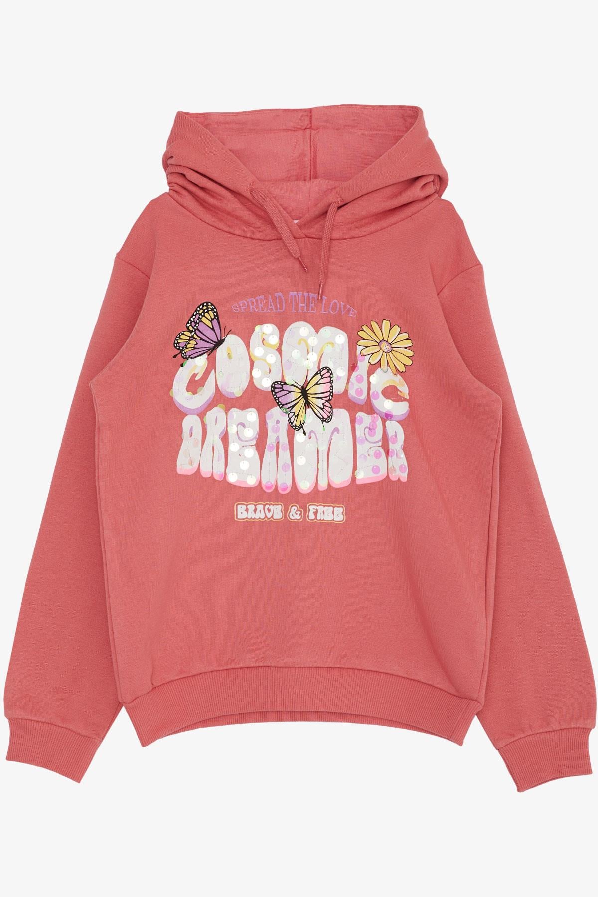 Breeze Kız Çocuk Sweatshirt Kelebek Baskılı Çiçekli Kiremit (7-12 Yaş)