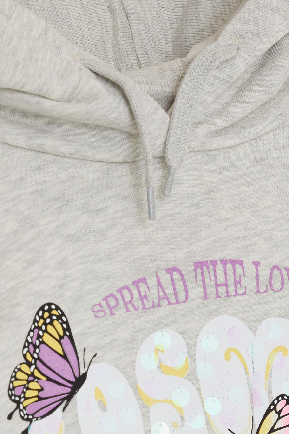 Breeze Kız Çocuk Sweatshirt Kelebek Baskılı Çiçekli Bej Melanj (7-12 Yaş)