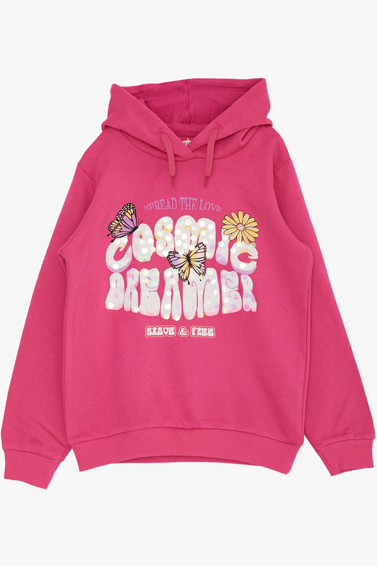 Breeze Kız Çocuk Sweatshirt Kelebek Baskılı Çiçekli Fuşya (7-12 Yaş)