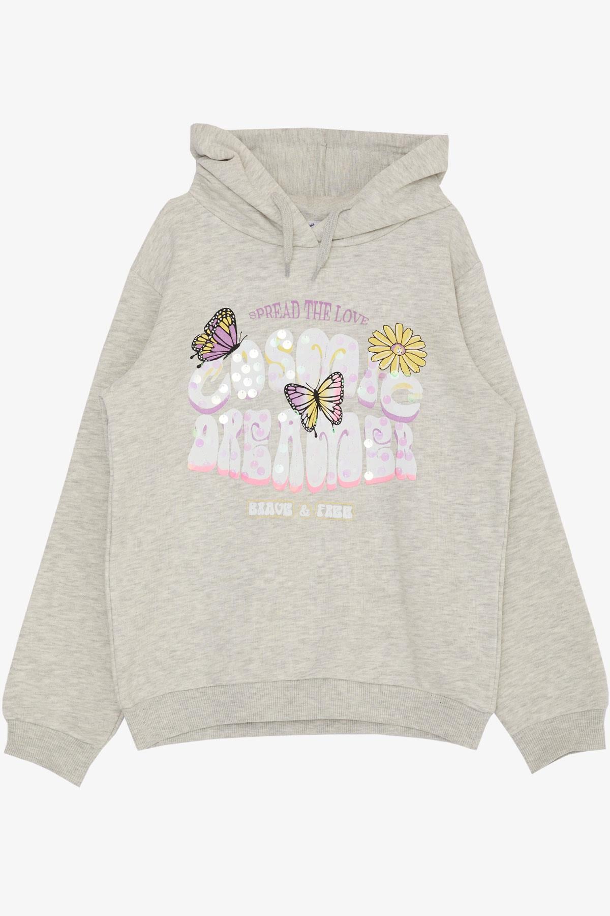 Breeze Kız Çocuk Sweatshirt Kelebek Baskılı Çiçekli Bej Melanj (7-12 Yaş)
