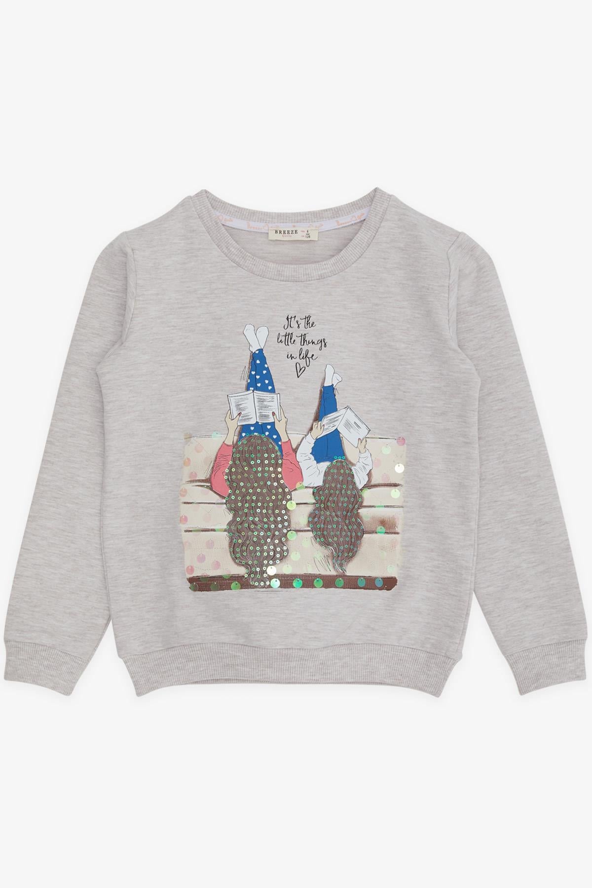 Breeze Kız Çocuk Sweatshirt Kız Baskılı Pullu Bej Melanj (8-14 Yaş)