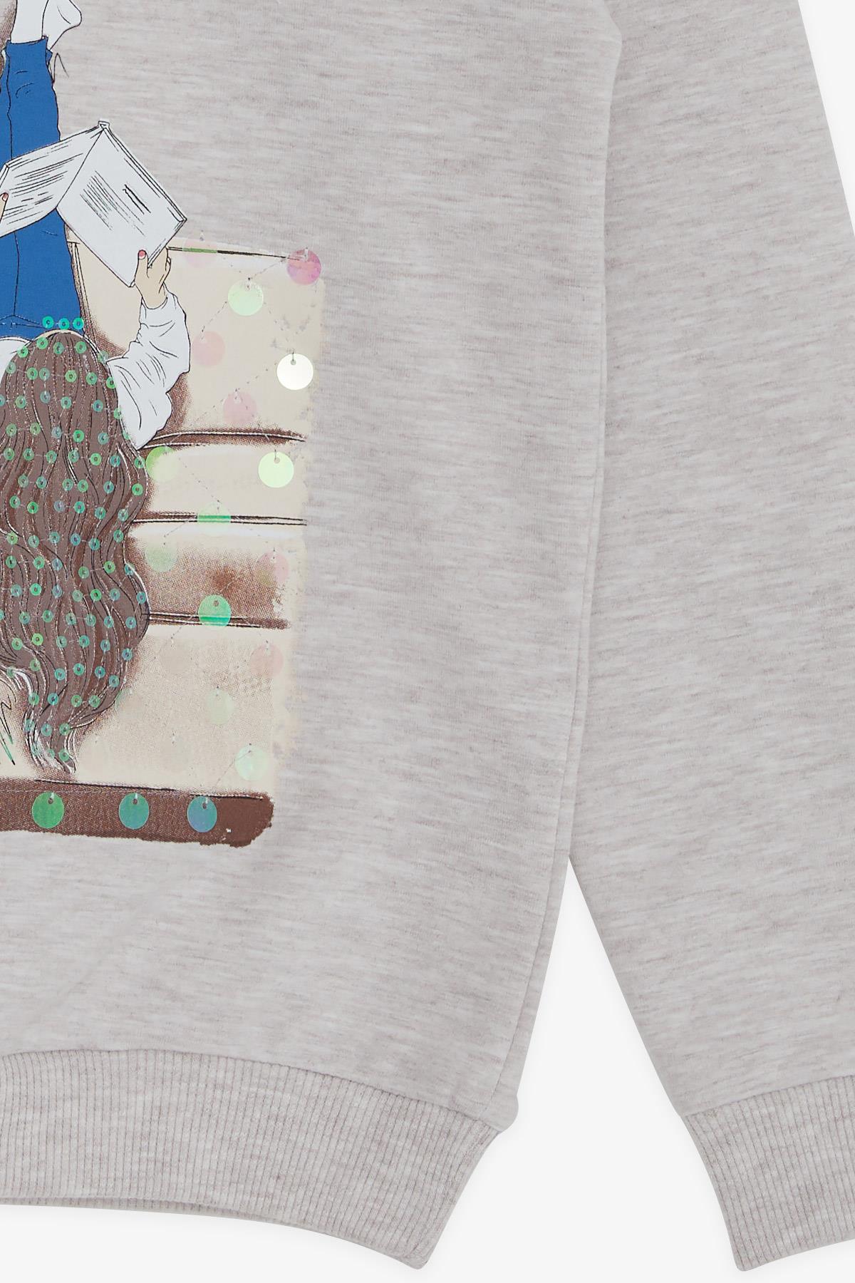 Breeze Kız Çocuk Sweatshirt Kız Baskılı Pullu Bej Melanj (8-14 Yaş)