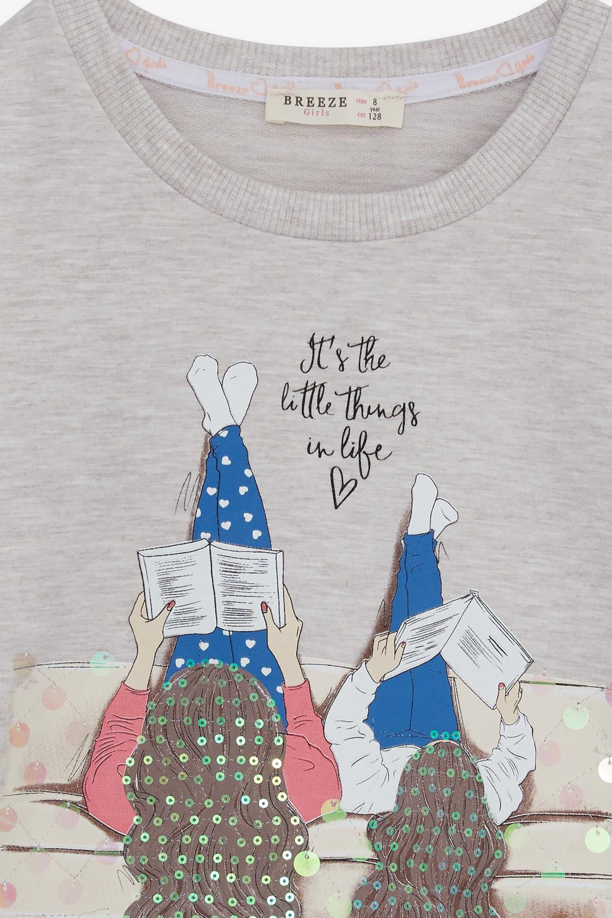 Breeze Kız Çocuk Sweatshirt Kız Baskılı Pullu Bej Melanj (8-14 Yaş)
