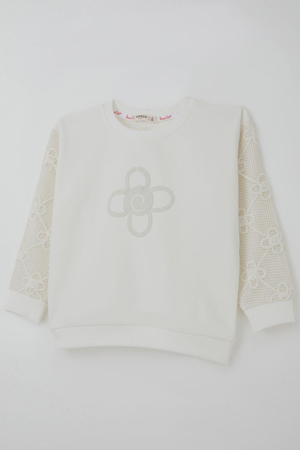Breeze Kız Çocuk Sweatshirt Kolları Çiçek Aplike İşlemeli File Detaylı Ekru (5-10 Yaş)