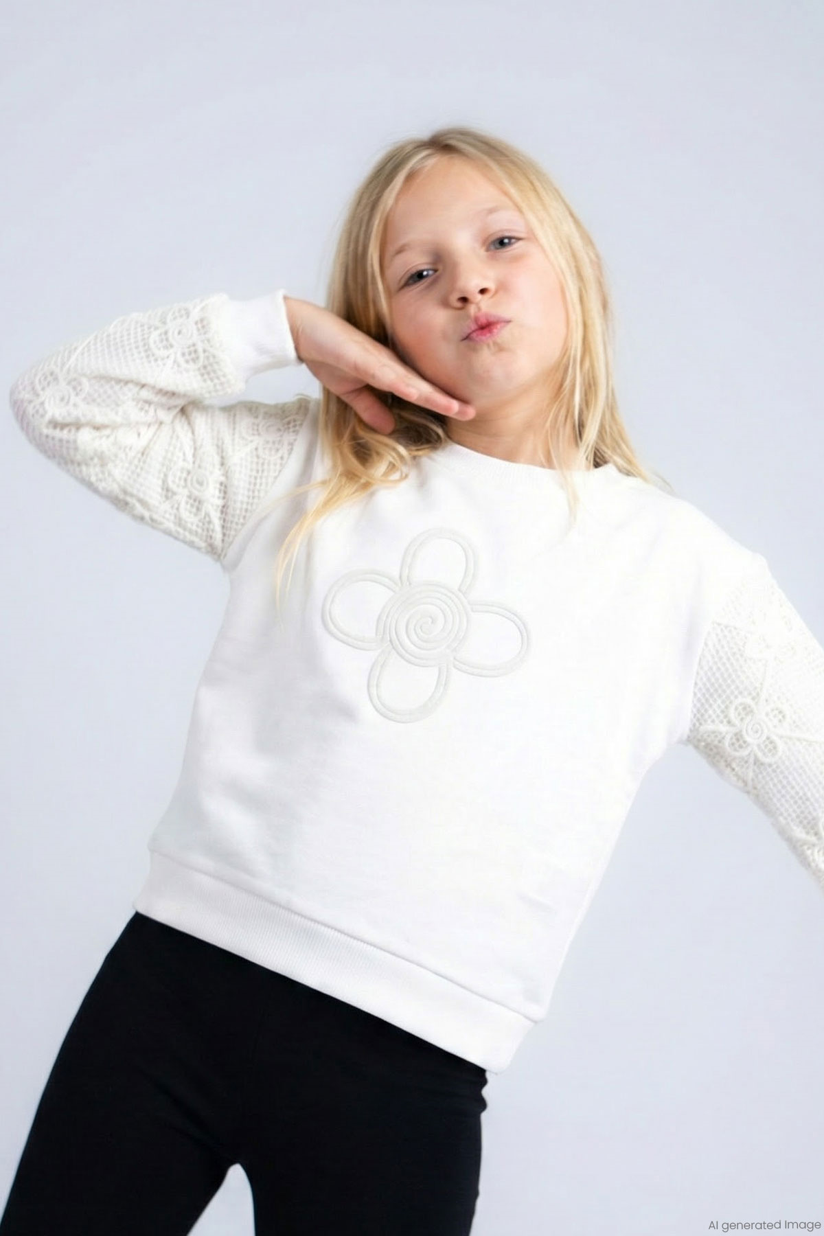 Breeze Kız Çocuk Sweatshirt Kolları Çiçek Aplike İşlemeli File Detaylı Ekru (5-10 Yaş)