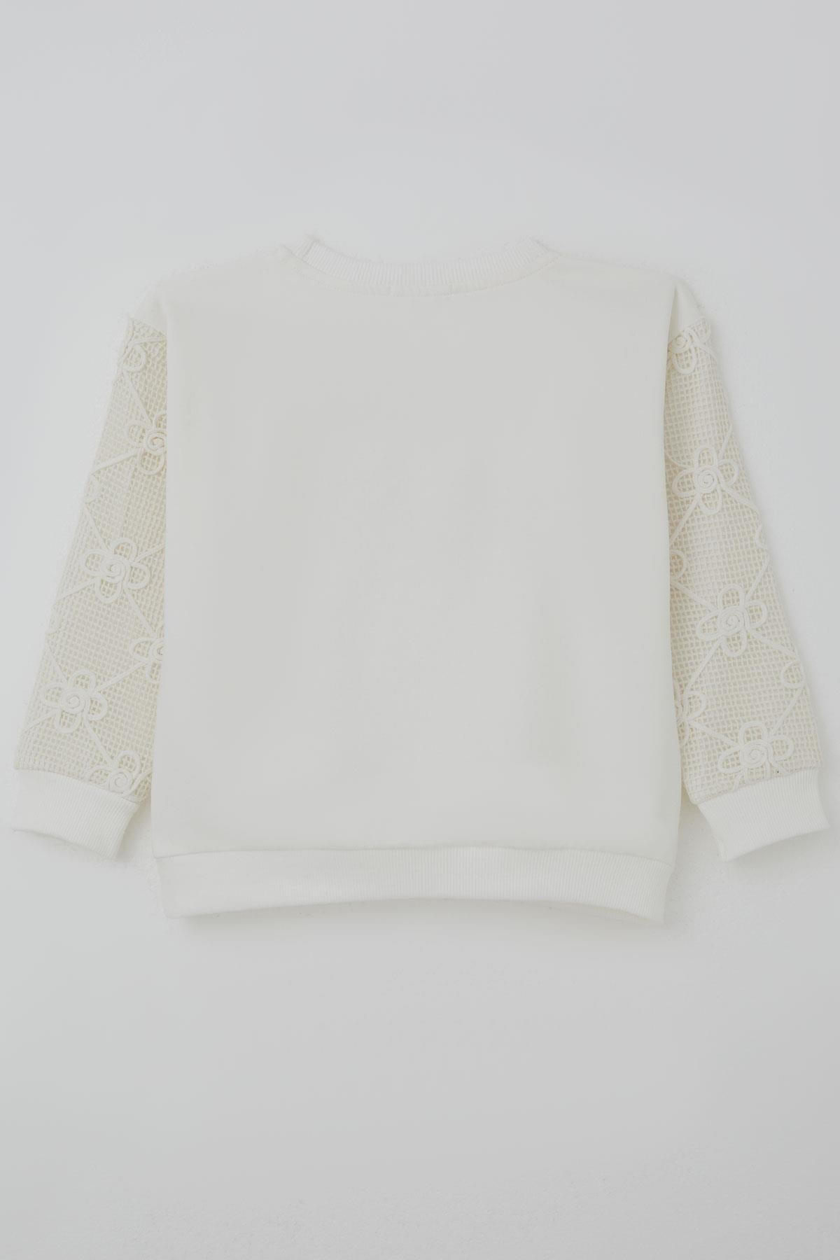 Breeze Kız Çocuk Sweatshirt Kolları Çiçek Aplike İşlemeli File Detaylı Ekru (5-10 Yaş)