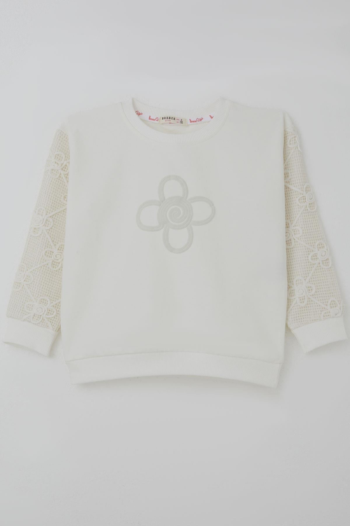 Breeze Kız Çocuk Sweatshirt Kolları Çiçek Aplike İşlemeli File Detaylı Ekru (5-10 Yaş)