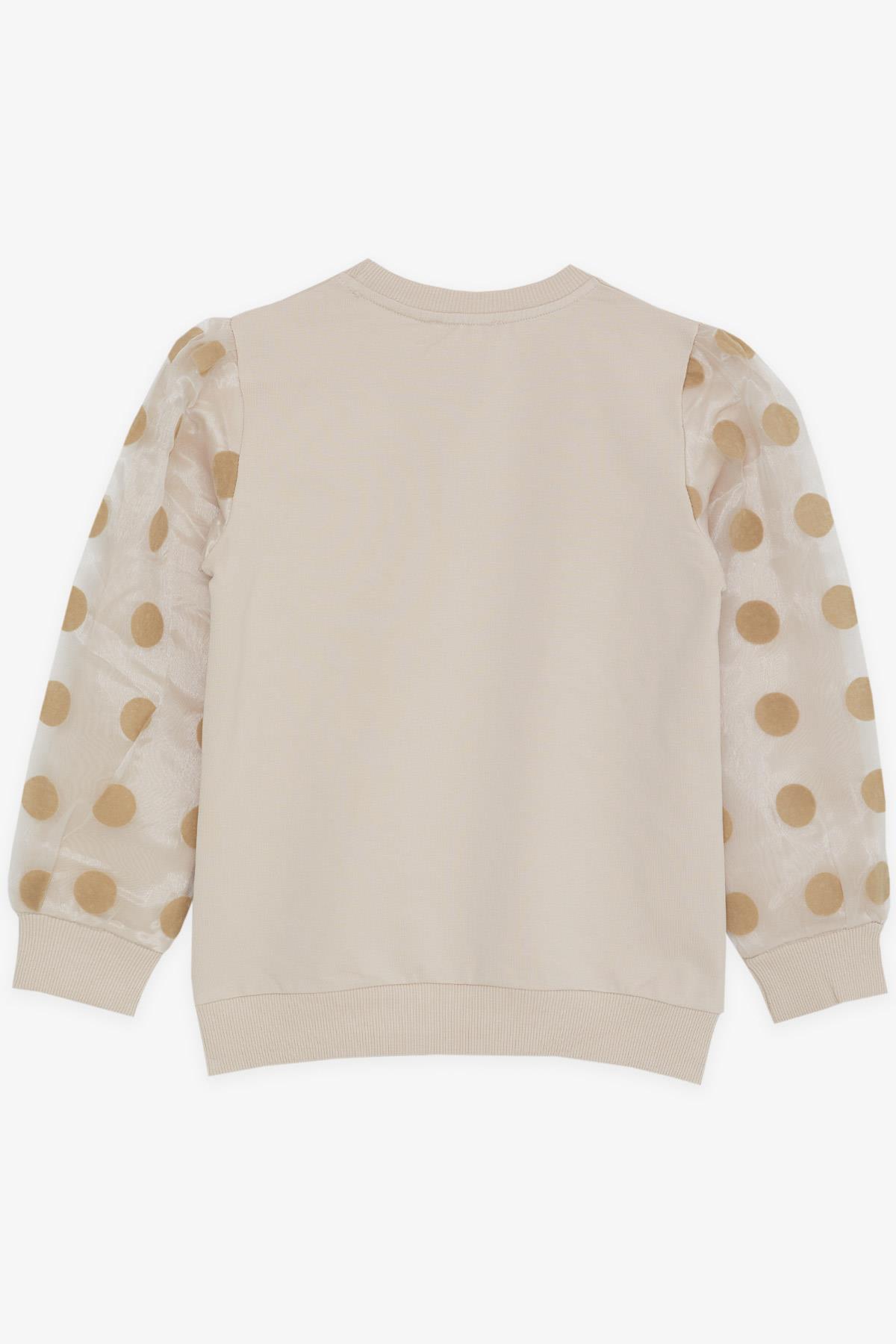 Breeze Kız Çocuk Sweatshirt Kolları Tüllü Simli Yazı Baskılı Puanlı Bej (6-12 Yaş)