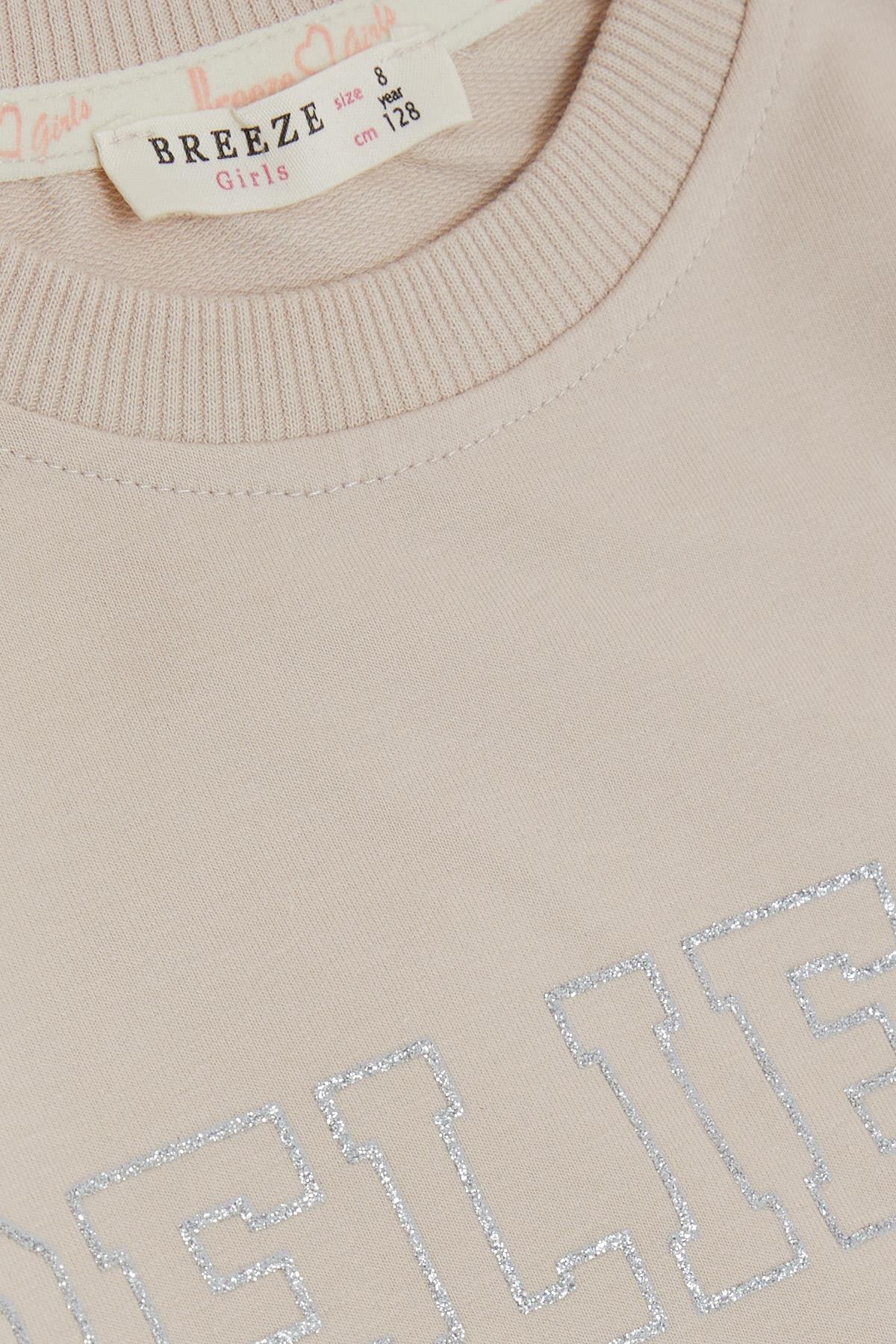 Breeze Kız Çocuk Sweatshirt Kolları Tüllü Simli Yazı Baskılı Puanlı Bej (6-12 Yaş)