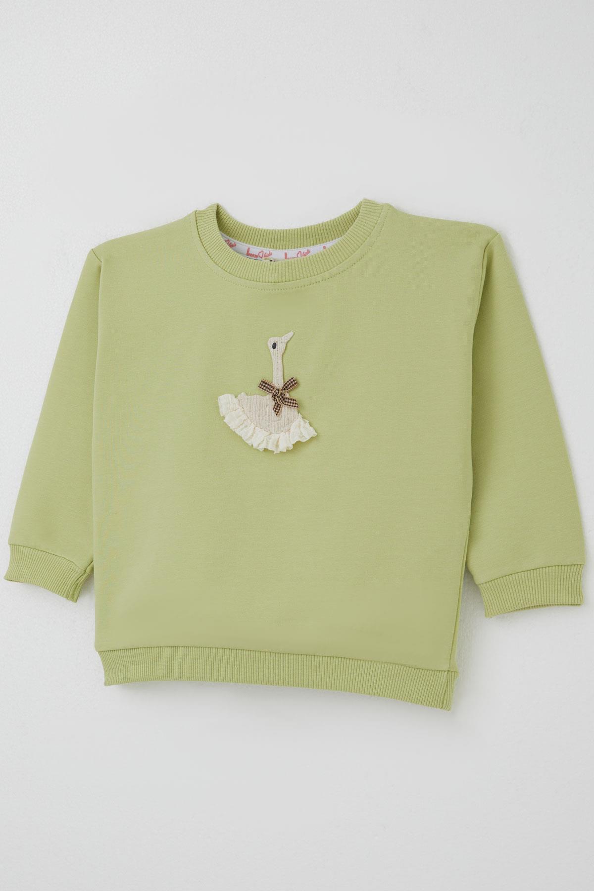 Breeze Kız Çocuk Sweatshirt Kuğu Armalı Fiyonk Detaylı Fıstık Yeşili (2-6 Yaş)
