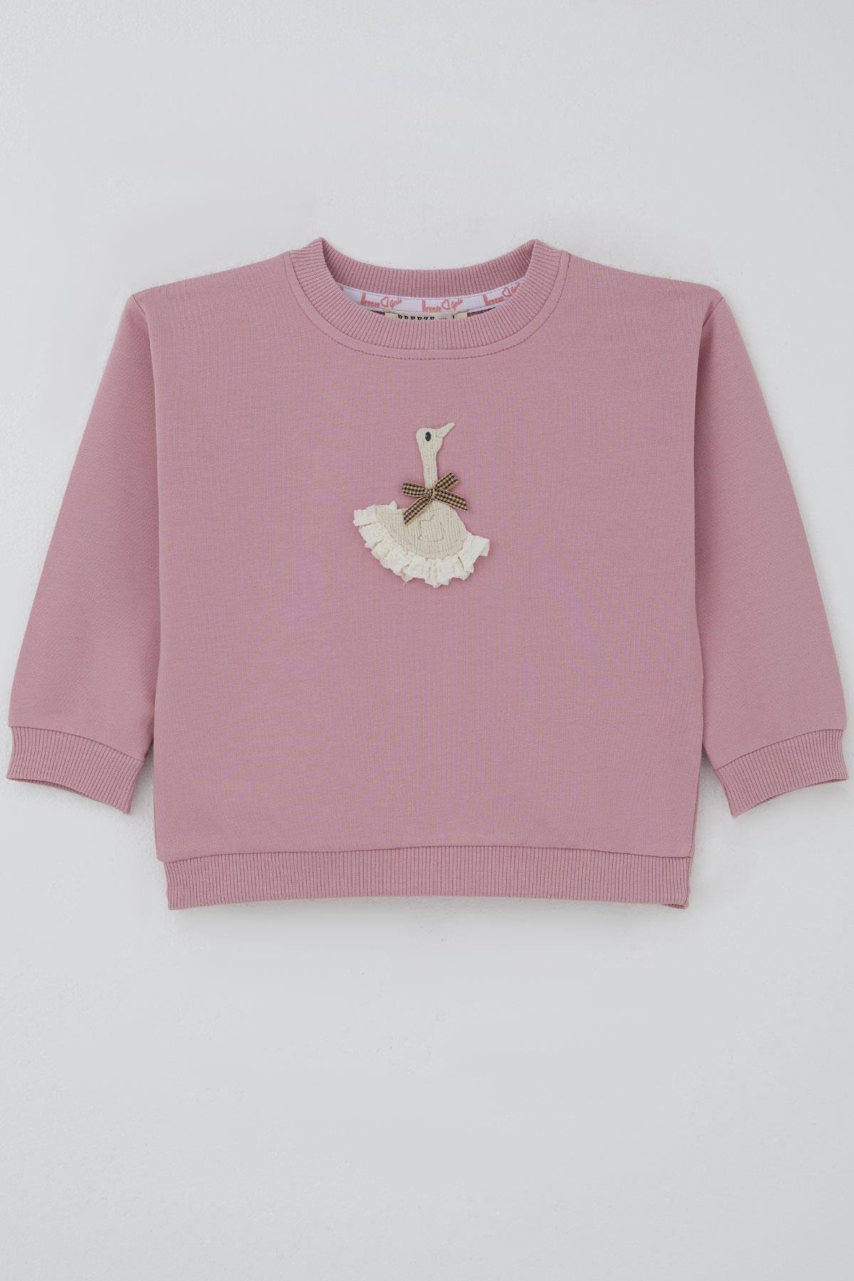 Breeze Kız Çocuk Sweatshirt Kuğu Armalı Fiyonk Detaylı Gülkurusu (2-6 Yaş)