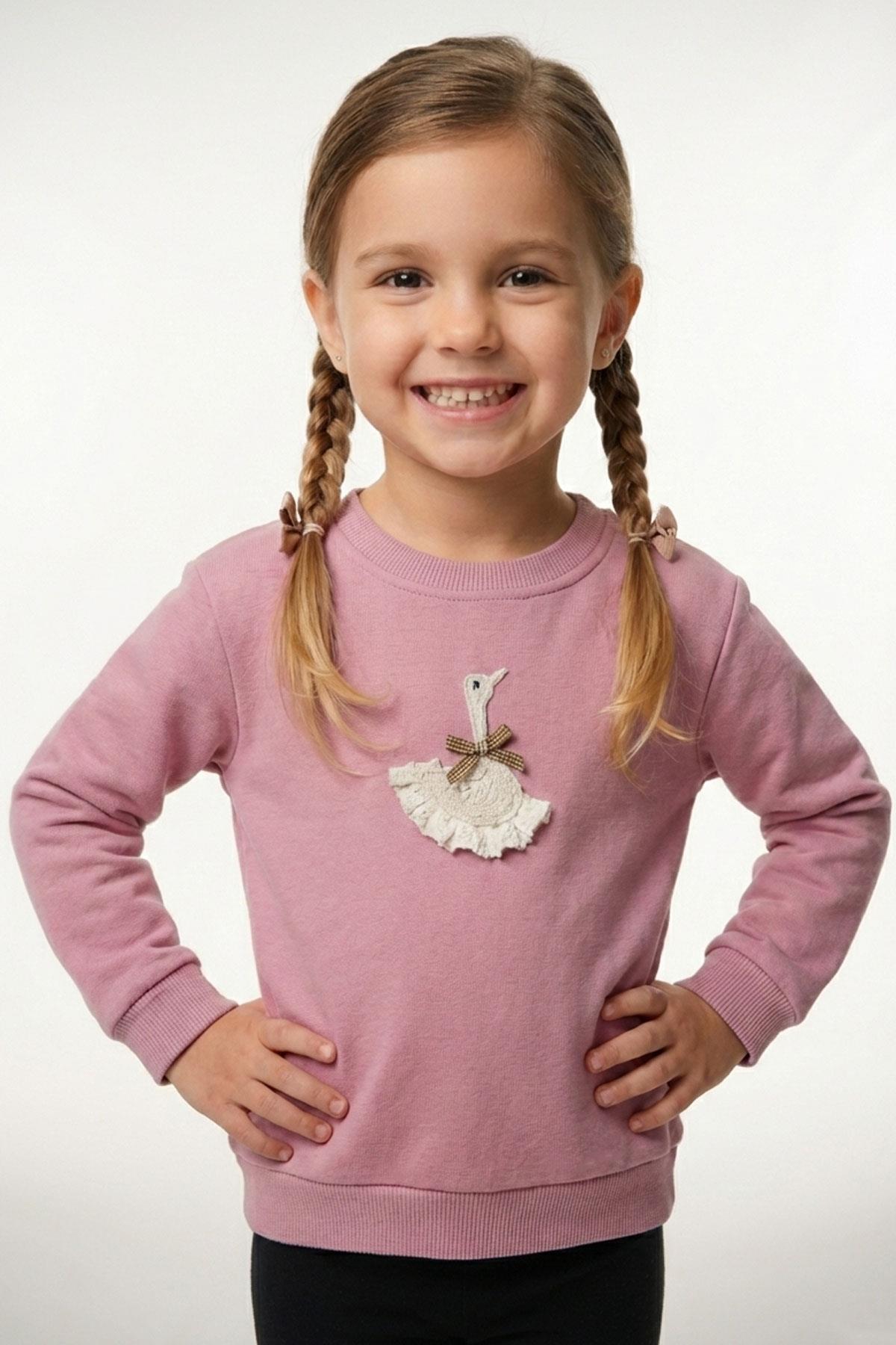 Breeze Kız Çocuk Sweatshirt Kuğu Armalı Fiyonk Detaylı Gülkurusu (2-6 Yaş)