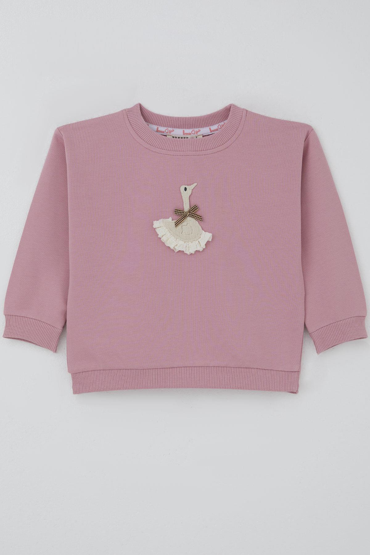 Breeze Kız Çocuk Sweatshirt Kuğu Armalı Fiyonk Detaylı Gülkurusu (2-5 Yaş)