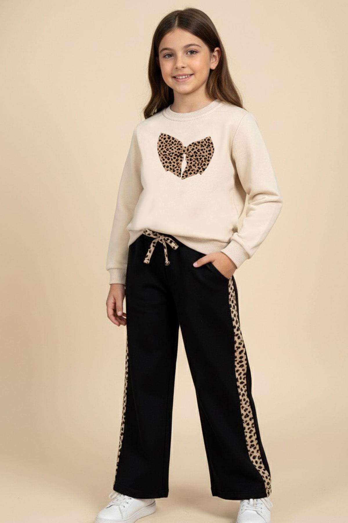 Breeze Kız Çocuk Sweatshirt Leopar Fiyonk Aksesuarlı Krem (5-9 Yaş)