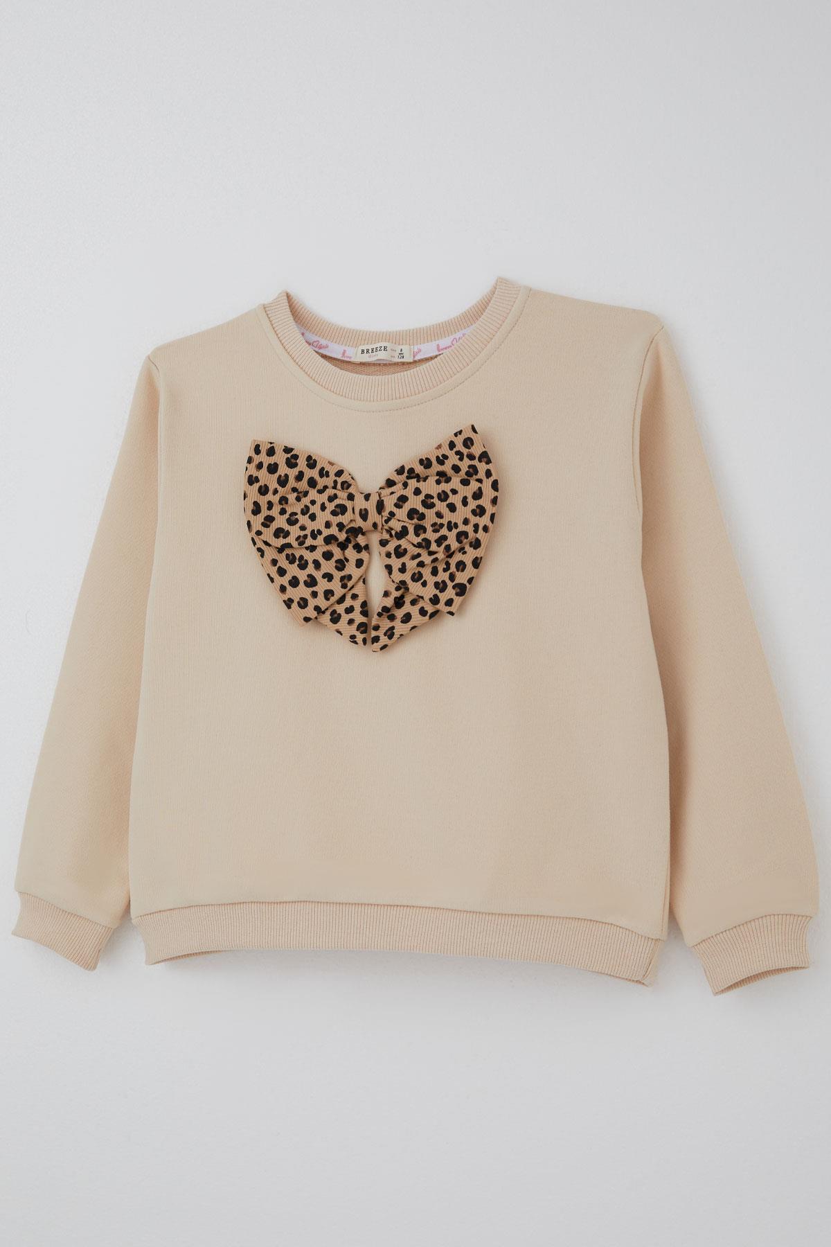 Breeze Kız Çocuk Sweatshirt Leopar Fiyonk Aksesuarlı Krem (5-9 Yaş)