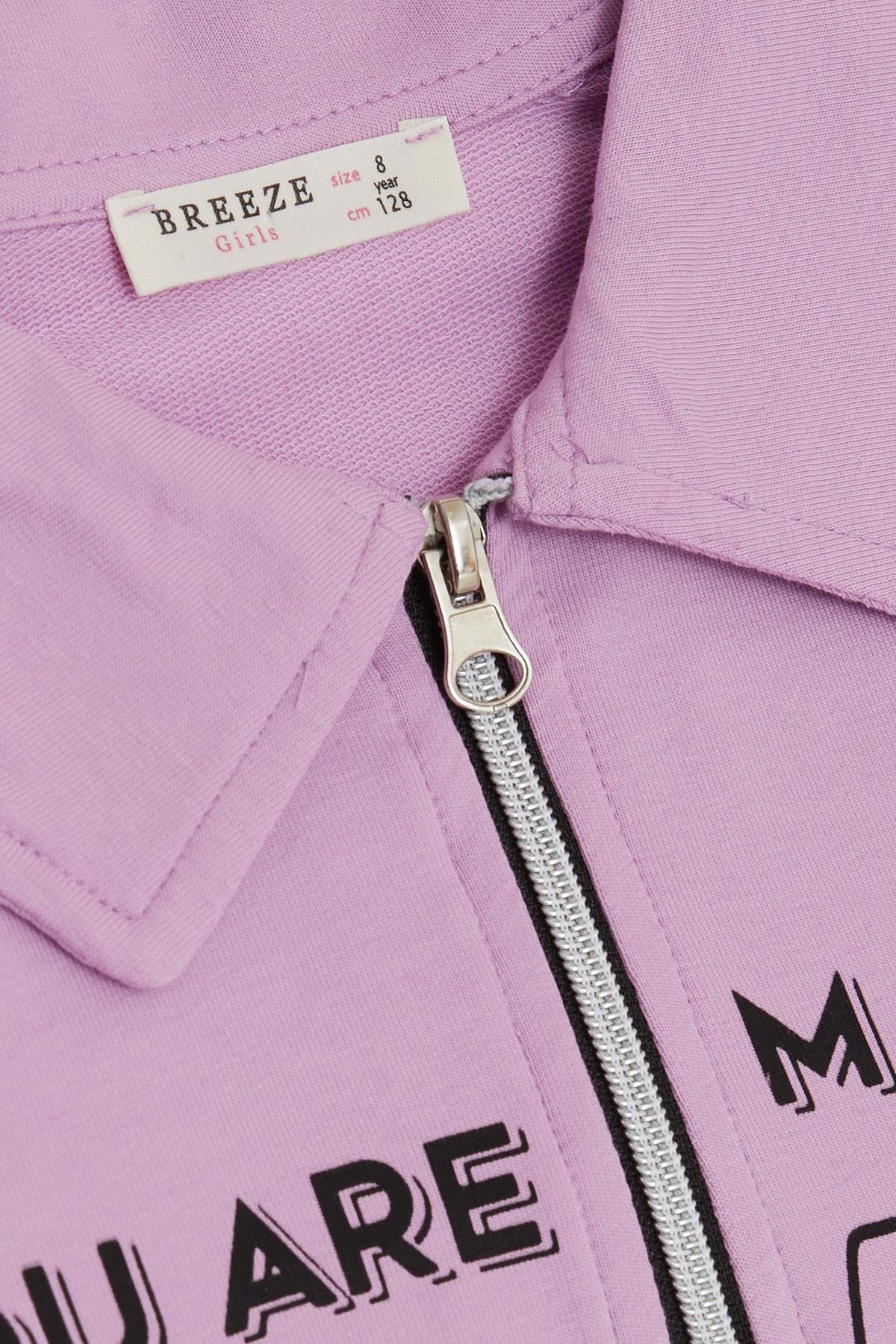 Breeze Kız Çocuk Sweatshirt Magıc Yazı Baskılı Yarım Fermuarlı Polo Yaka Lila (8-14 Yaş)